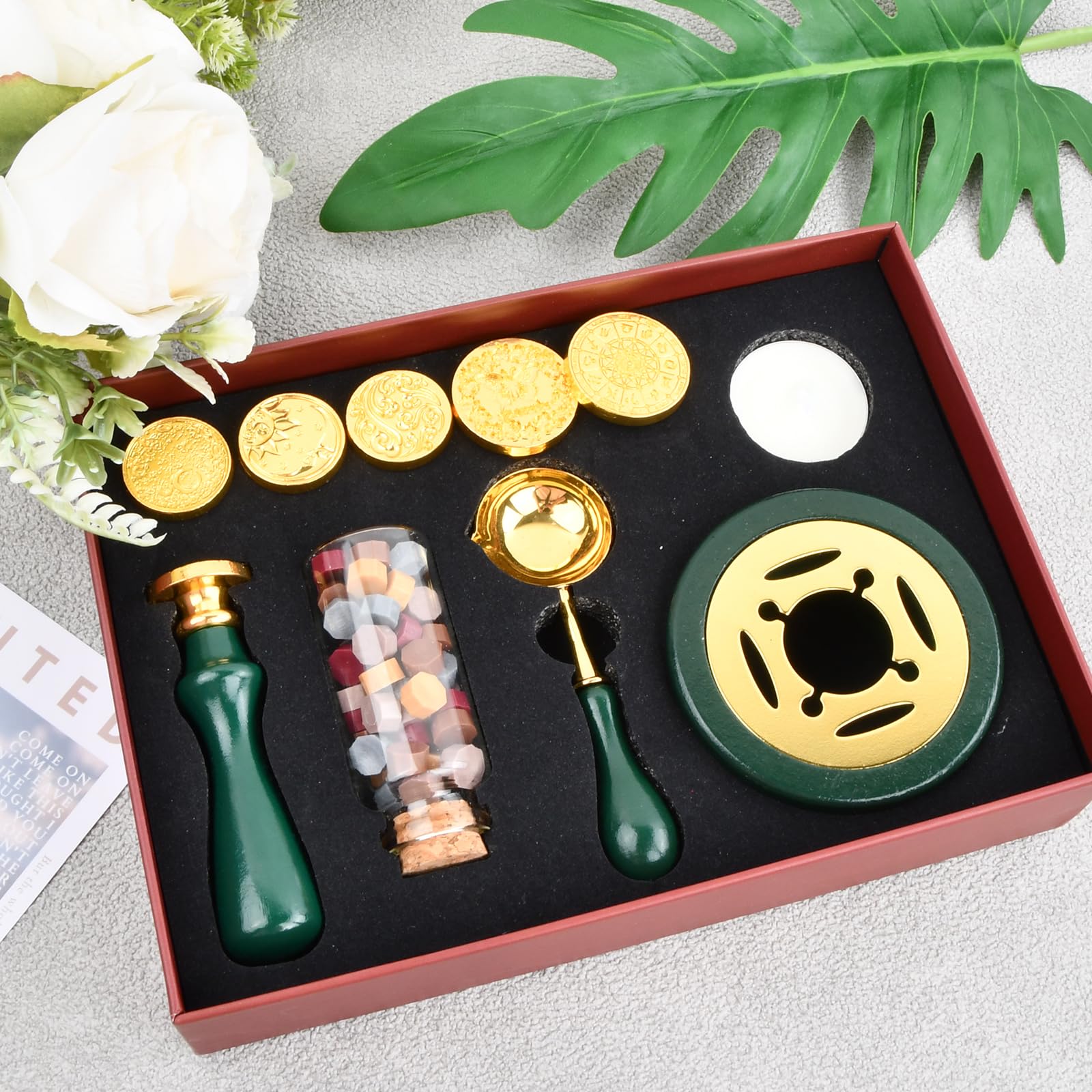 Kit di Timbri per Ceralacca, Sigillo Ceralacca Set, Ceralacca per Sigilli Kit, 6 Timbro Sigillo Di Cera, Forno di Fusione Cera Sigilli, Cera Lacca, Cucchiaio di Fusione per Ceralacca, Inviti, Buste