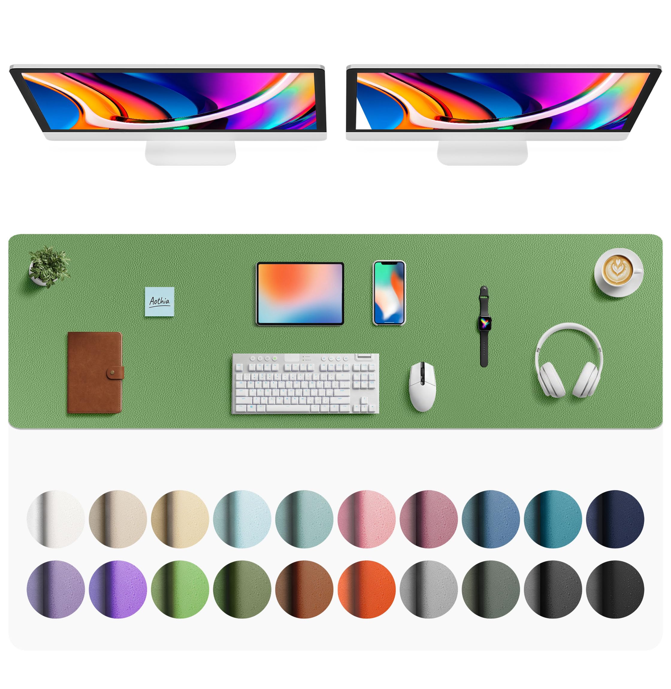 Aothia Faux Leather Desk Mat - Large Mouse Pad, Non-Slip PU Leather Blotter, Waterproof Writing Surface for Office and Home (Olive Green, 63" x 17")