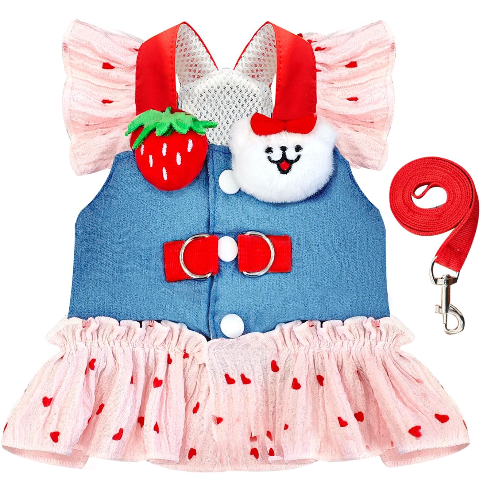 Small Dog Harness and Leash Set Denim Cat Harness Dress for Puppy Clothes for Girls Pink Dog Birthday Dress French Bulldog Harness with Strawberry