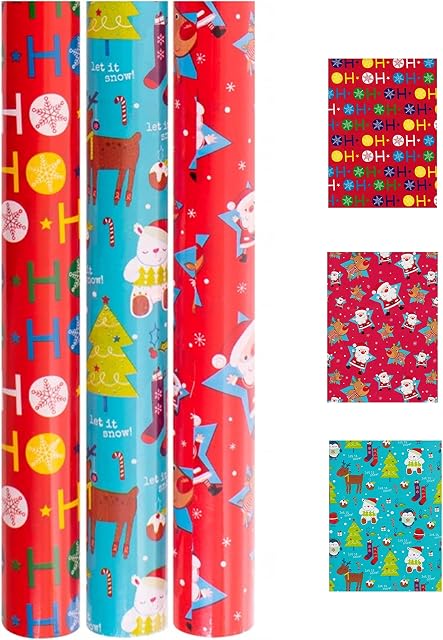 Christmas Wrapping Paper 3 Rolls x 20M Presents Gift Wrap Xmas Party - 60 Metres Total