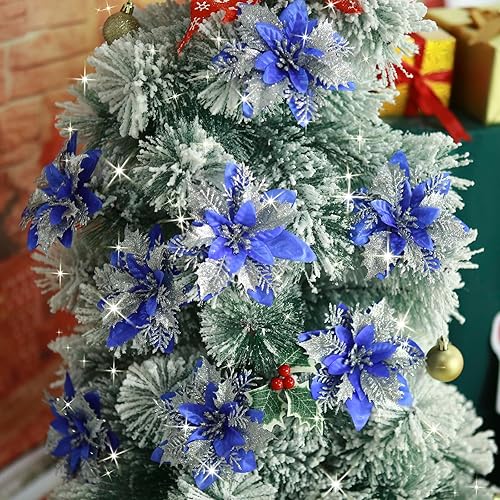 Miniatura 4 de GREENTIME 12 flores de Pascua artificiales azules con purpurina de 5.5 pulgadas, flores de Navidad con clips, tallos de Navidad, adornos para árbol