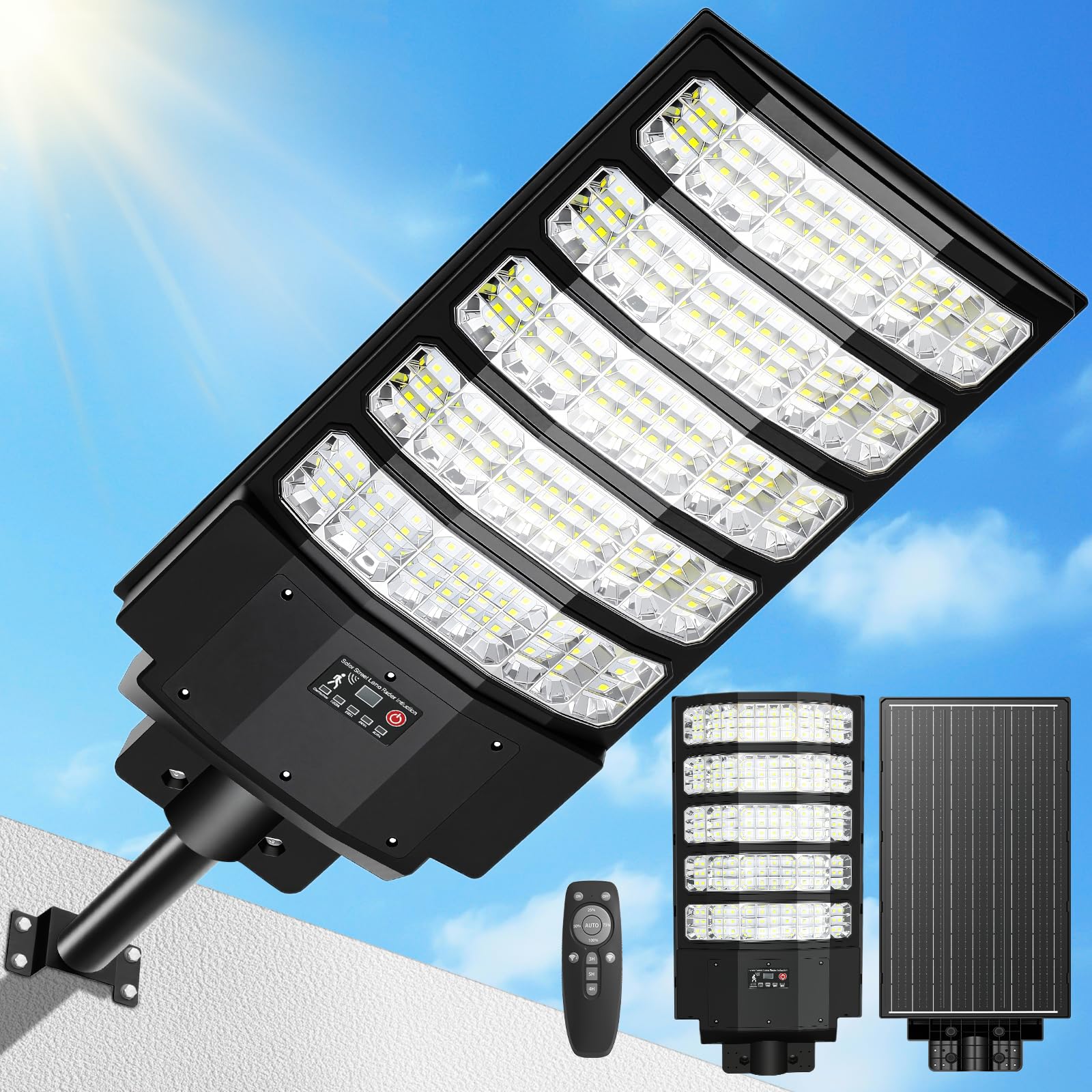 8000W Farolas Solares Exterior, 40000LM 6500K Farola Solar Potente con Sensor de Movimiento, IP67 Impermeables Foco Solar Exterior para Jardín, Patio, Parcela