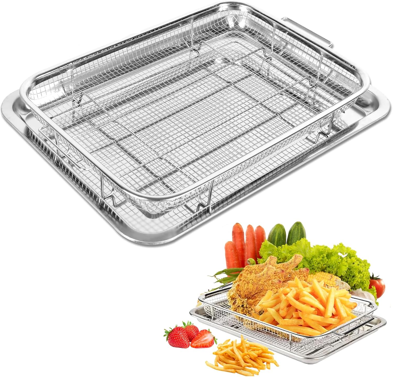Air Fryer Basket for Oven, 15" x 11" Air Fryer Basket & Tray for Oven, Stainless Steel Baking Tray with 50 PCS Parchment Paper, Crisper Tray for Convection Oven