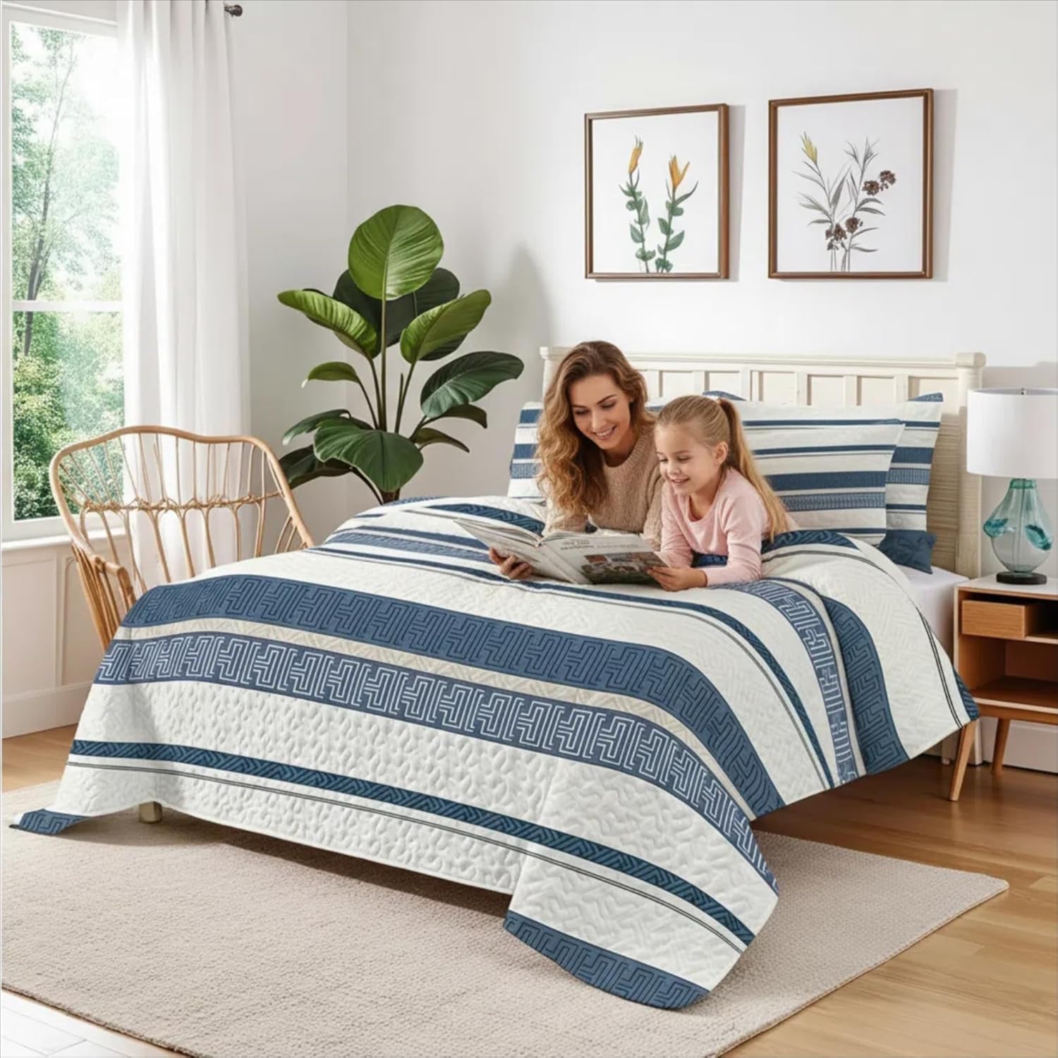 Quilts for King Bedding Set Blue Bedspreads Soft Bed Summer Lightweight Bedspread Comforter - Boho Stripe Pattern Coverlet for All Season - 3 Pieces (Blue, King 104x90 inches)