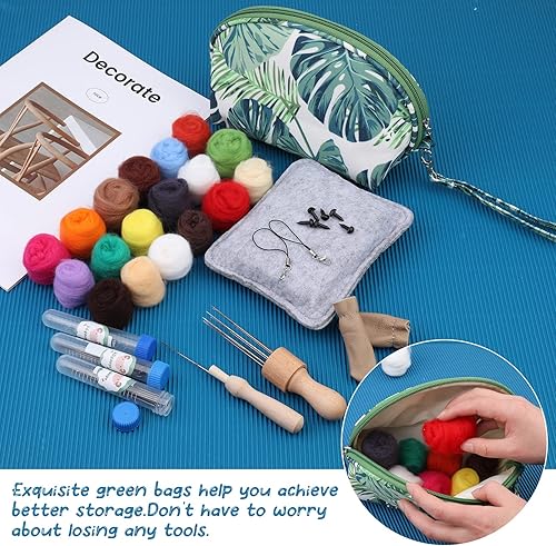 Miniatura 14 de Kit de iniciación de fieltro de lana con exquisita bolsa de almacenamiento verde, juego de 40 colores de lana, herramientas para suministros