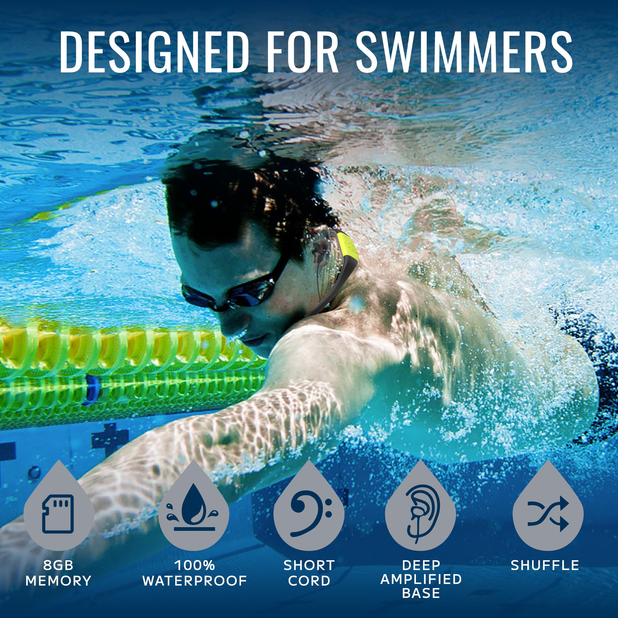Tayogo Lecteur Mp3 de Natation étanche, Casque de Natation IPX8 8GB, Lecteur de Musique étanche avec revêtement en Silicone,Durée de Lecture de 20 Heures, Lecteur Mp3 sous-Marin pour la Natation