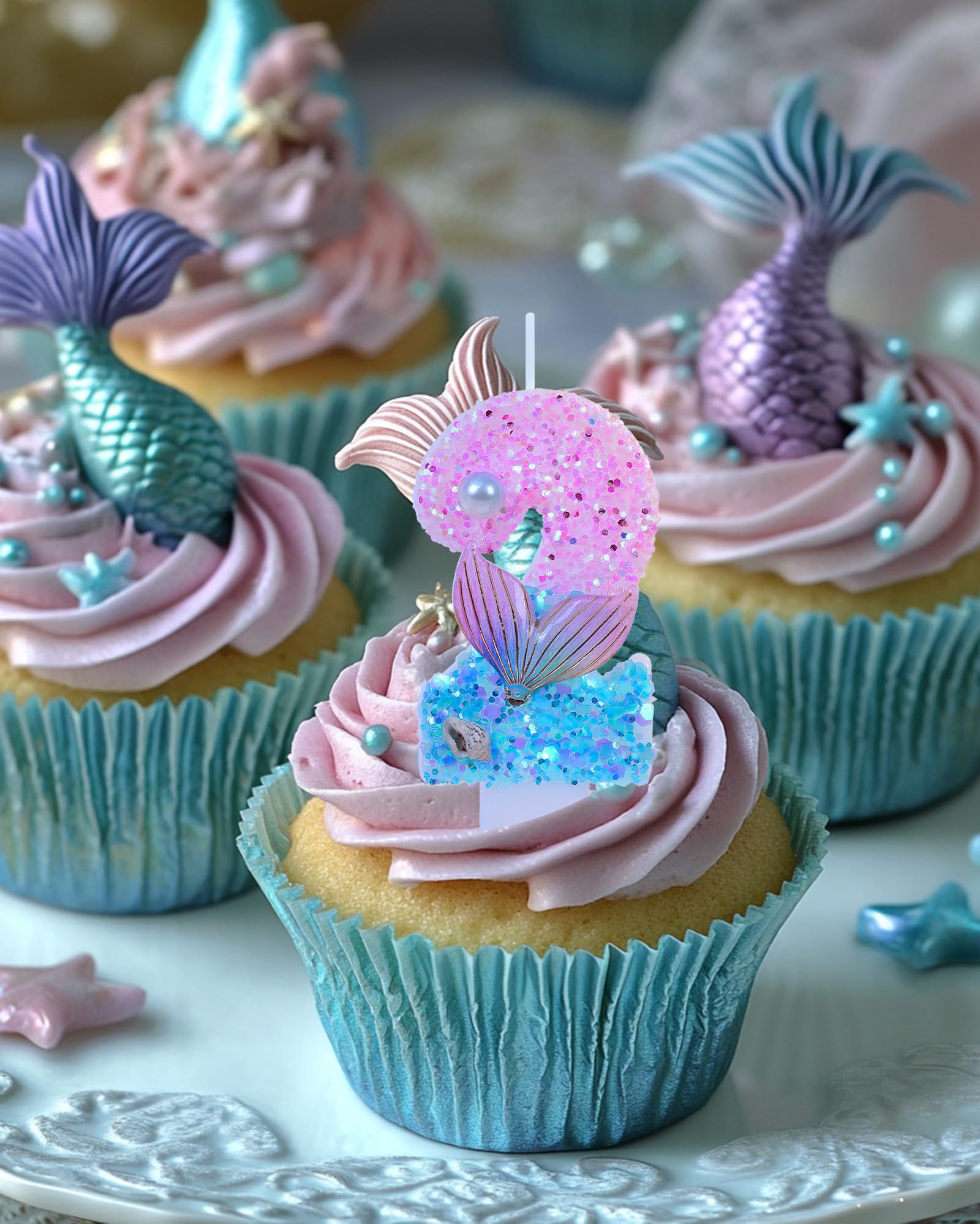 Bougies d'anniversaire à paillettes sur le thème de la sirène, numéro 2 pour filles, décoration de fête d'anniversaire de mariage, décorations de gâteau de 7,3 cm (thème sirène, numéro 2)