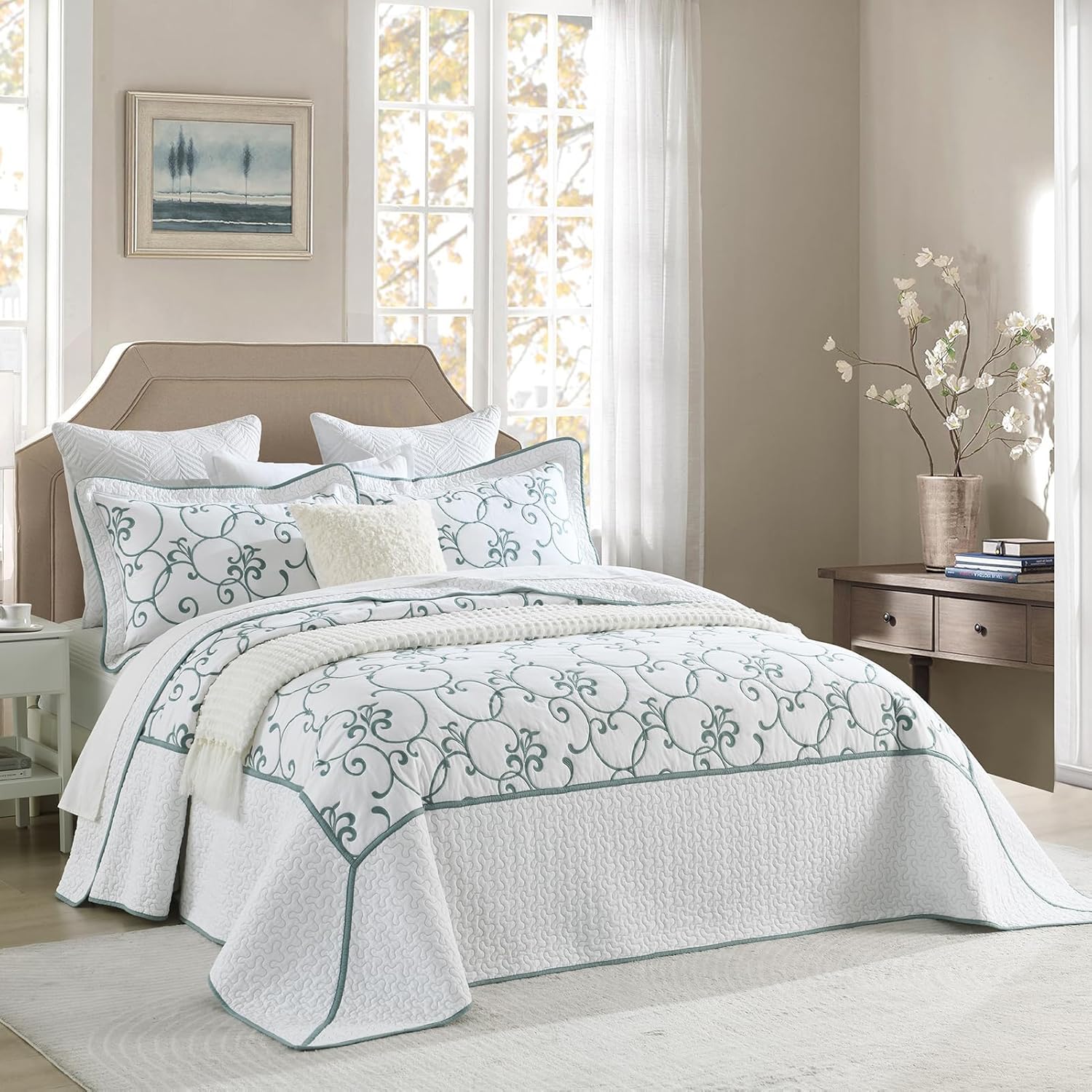 Oversized King Bedspread 128"x120" - 100% Cotton California King Quilt, Embroidered Bedspread Coverlet with Pillow Shams, Lightweight Quilted Bedding Set 3 Piece, Aqua Blue/White - Image 2
