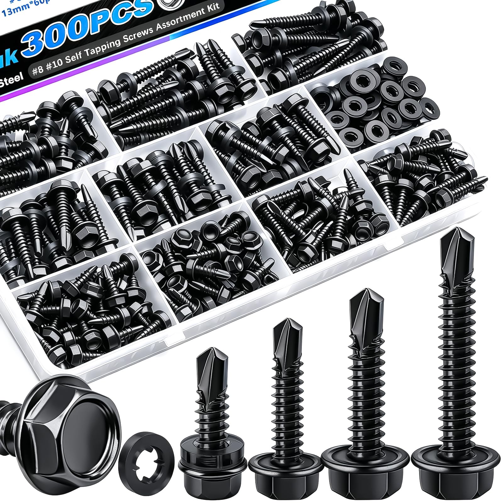 mxuteuk 230PCS #8 Self Tapping Screws for Metal,410 Stainless Steel Self Drilling Screws,1/2",5/8",3/4",1",1-1/4" Truss Head Sheet Metal Screws with Rubber Washers for Metal,Plastic,Wood(115pcs Sets) — Amazon image 16