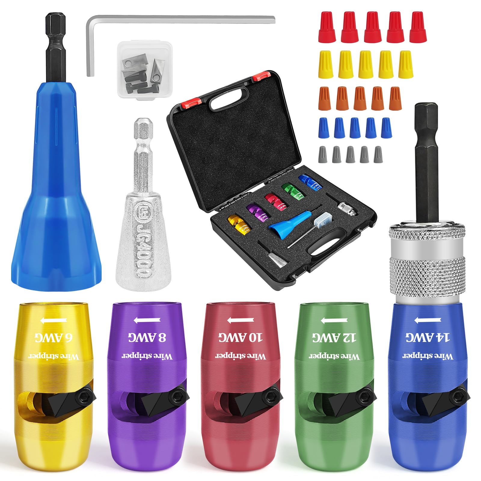 Wire Stripper for Drill (6-8-10-12-14 AWG)-5 in 1 Wire Stripping and Twisting Tool, Quick Drill Wire Cutter Pro Electrician Tools Set, Wire Twister Connectors Nut Kit for Factory Store Home DIY