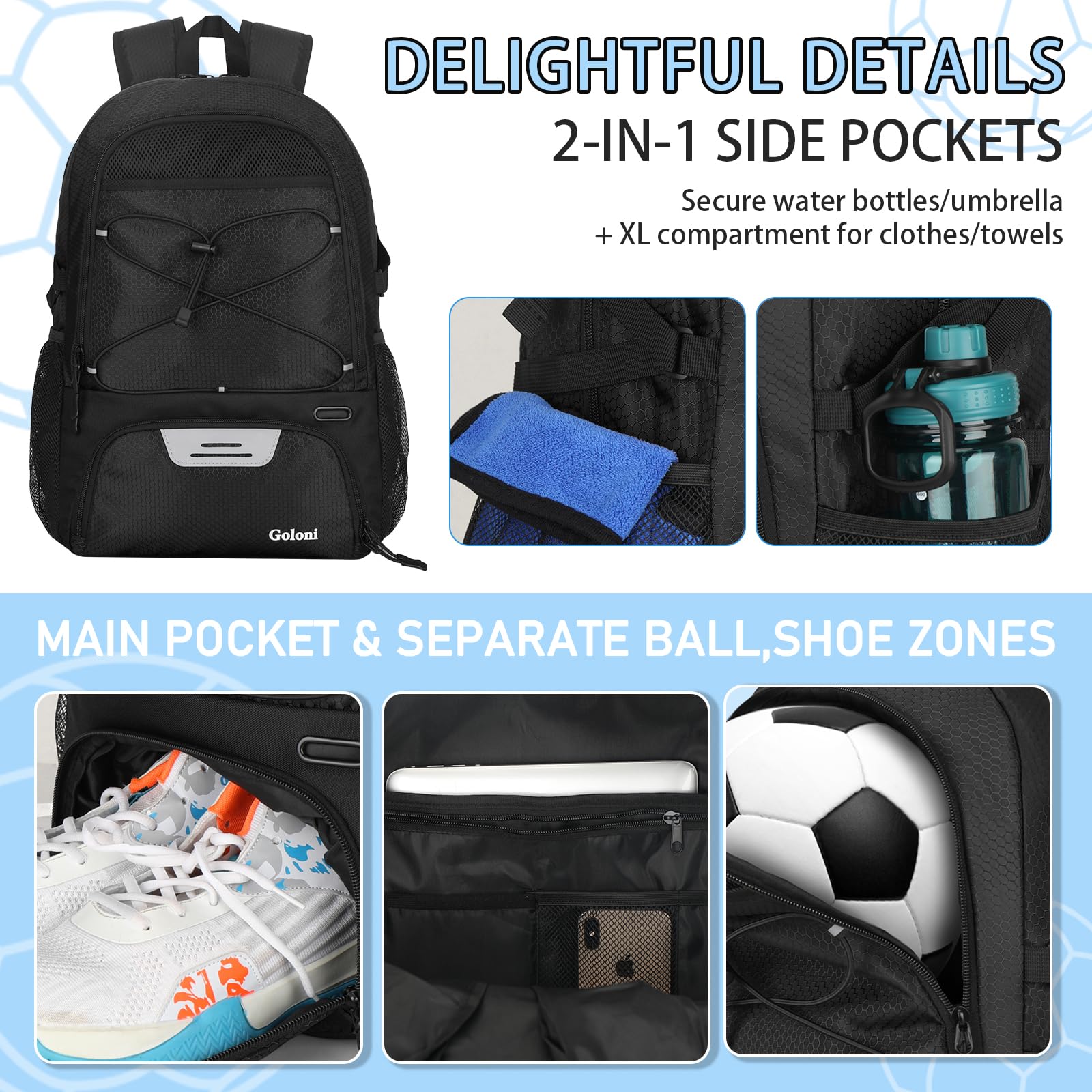 Goloni 30L Sports Backpack with Ball Compartment & Ventilated Shoe Pocket, Waterproof Lightweight Basketball Soccer Volleyball Bag for Youth Boys Girls Men Women,Black : Sports & Outdoors
