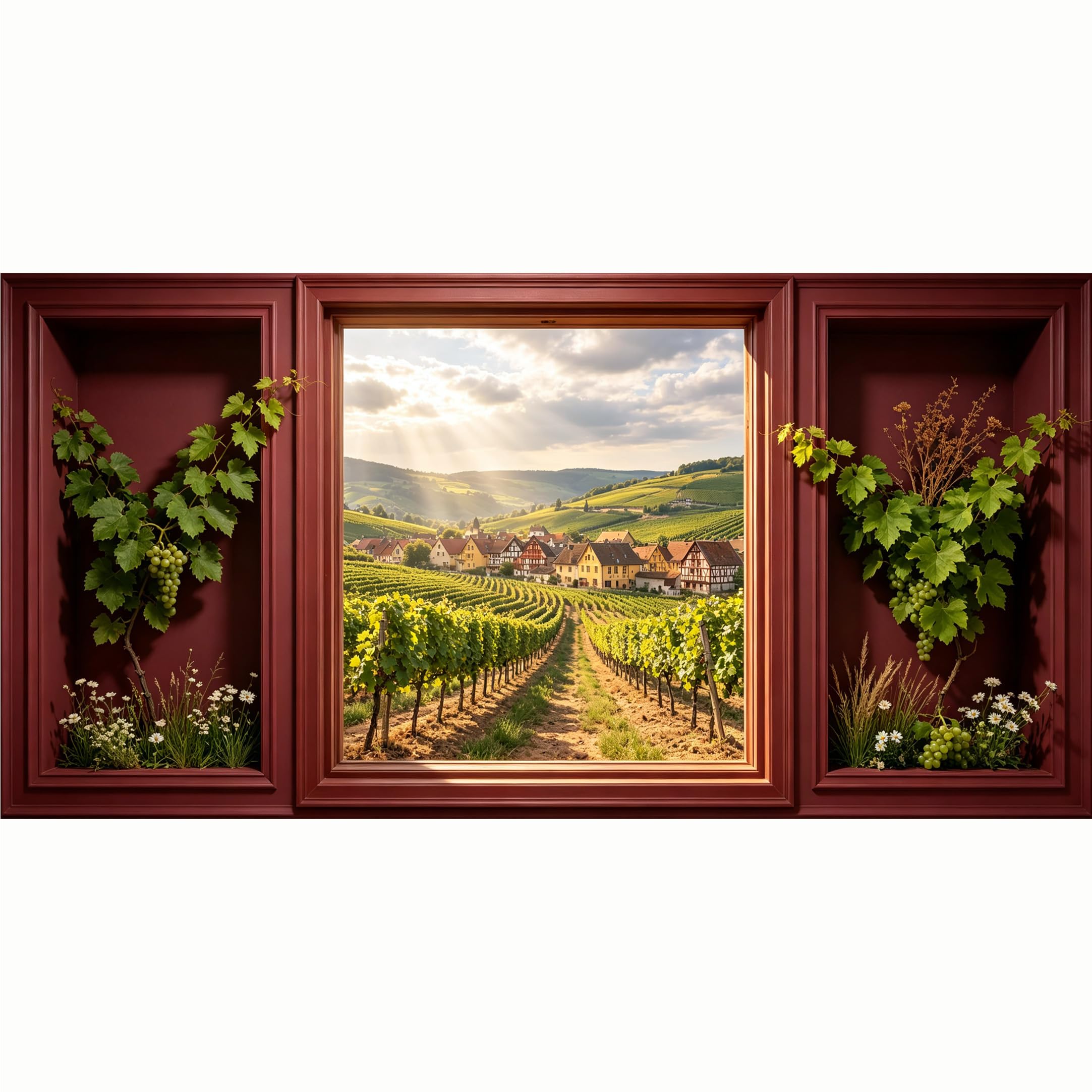 QZLITHOTIC 50x100cm 3D Framed Wall Art， Tuscan Vineyard Landscape Self‑Adhesive Mural， Water‑Activated Peel & Stick Fabric Decor Wall Decal for Bedroom Living Room Rustic Farmhouse