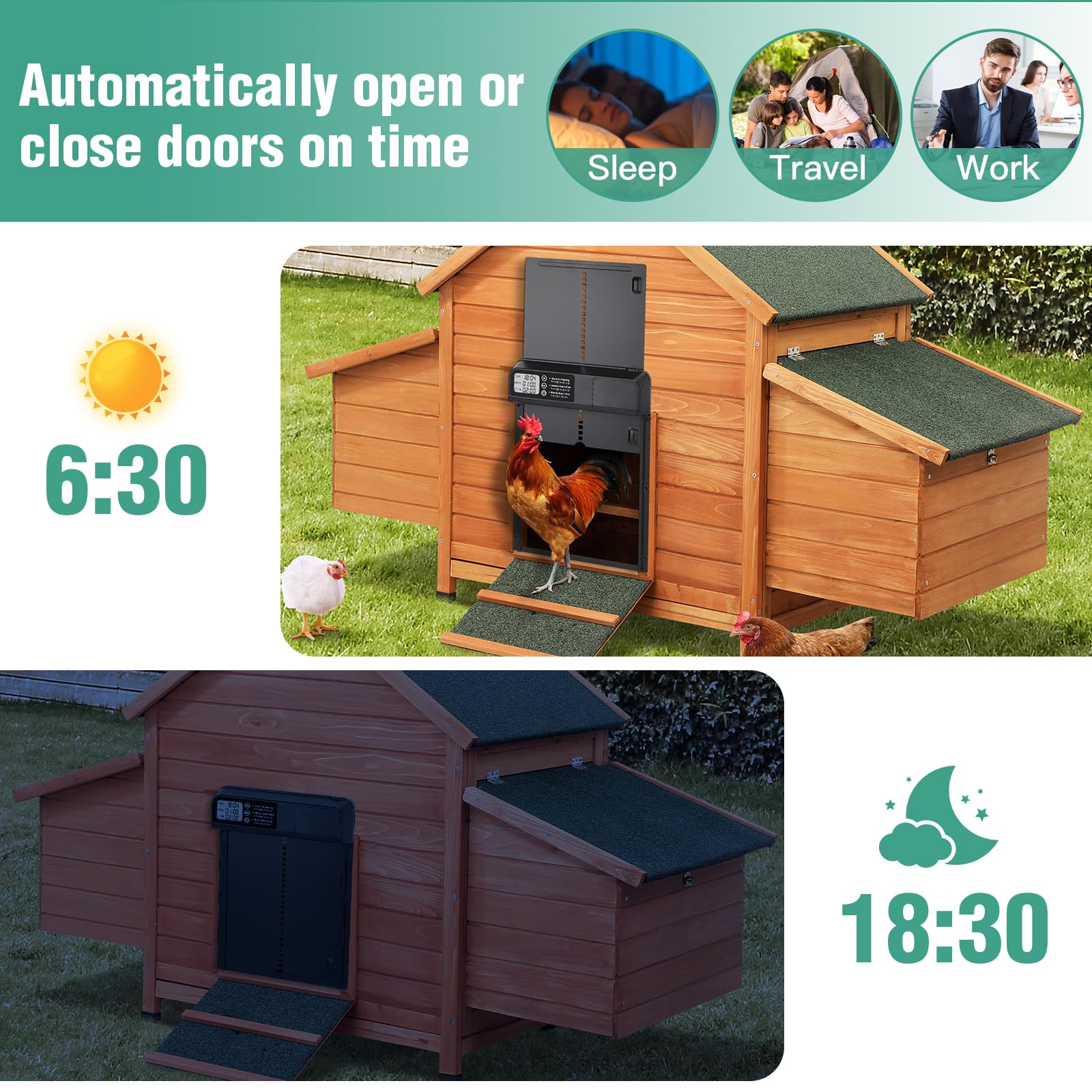 EFUTURETIME Automatyczny uchwyt na kurnik z baterią aluminiową z zabezpieczeniem przed uciskaniem, automatyczny uchwyt na kurnik z zegarem z wyświetlaczem LCD