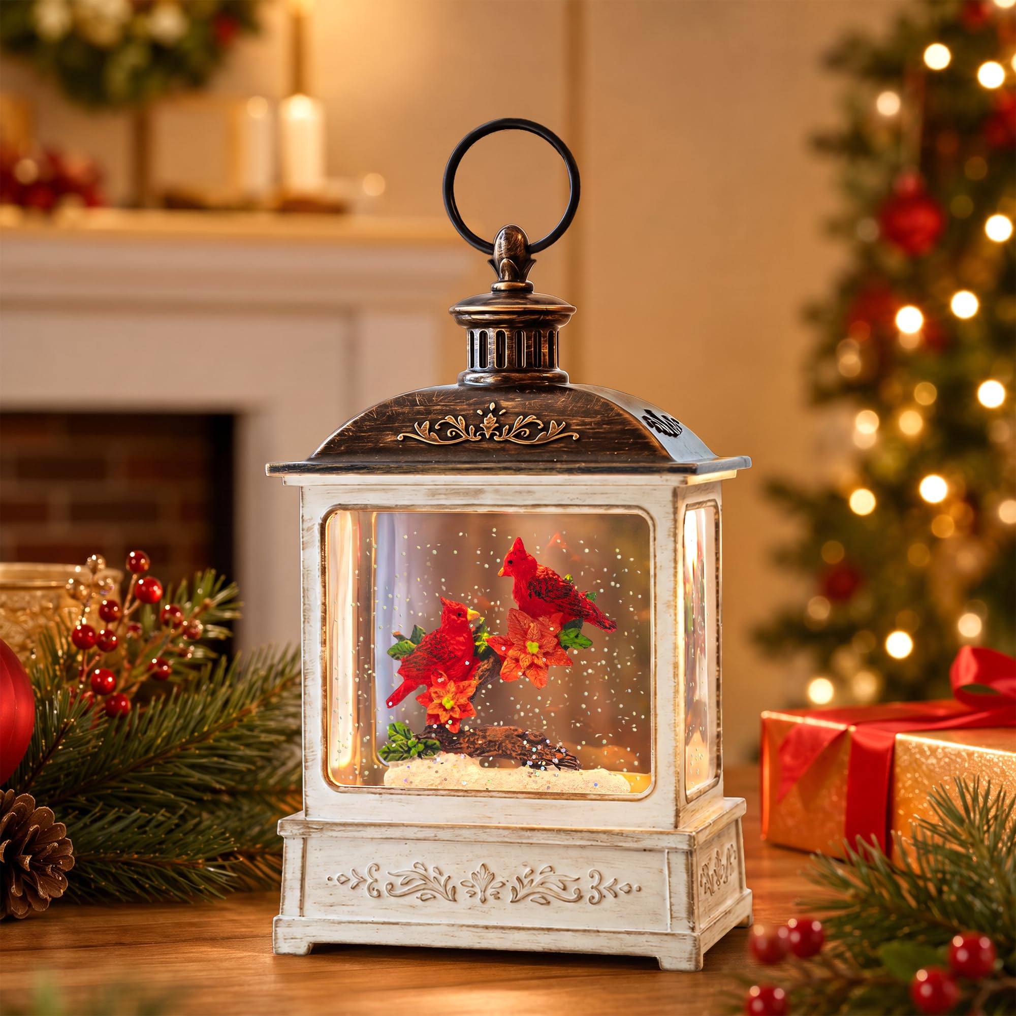 Christmas Snow Globe Water Glittering Cardinal Scene with Music &amp; Timer, USB Lined/Battery Operated Lighted Lantern for Christmas Festival Decoration Gifts