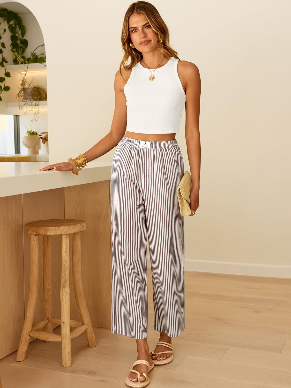 ANRABESS Womens Gingham Striped Pants, Palazzo & Cropped, Comfy & Cute, Lounge Pajama Plaid PJ Bottoms With Pockets
