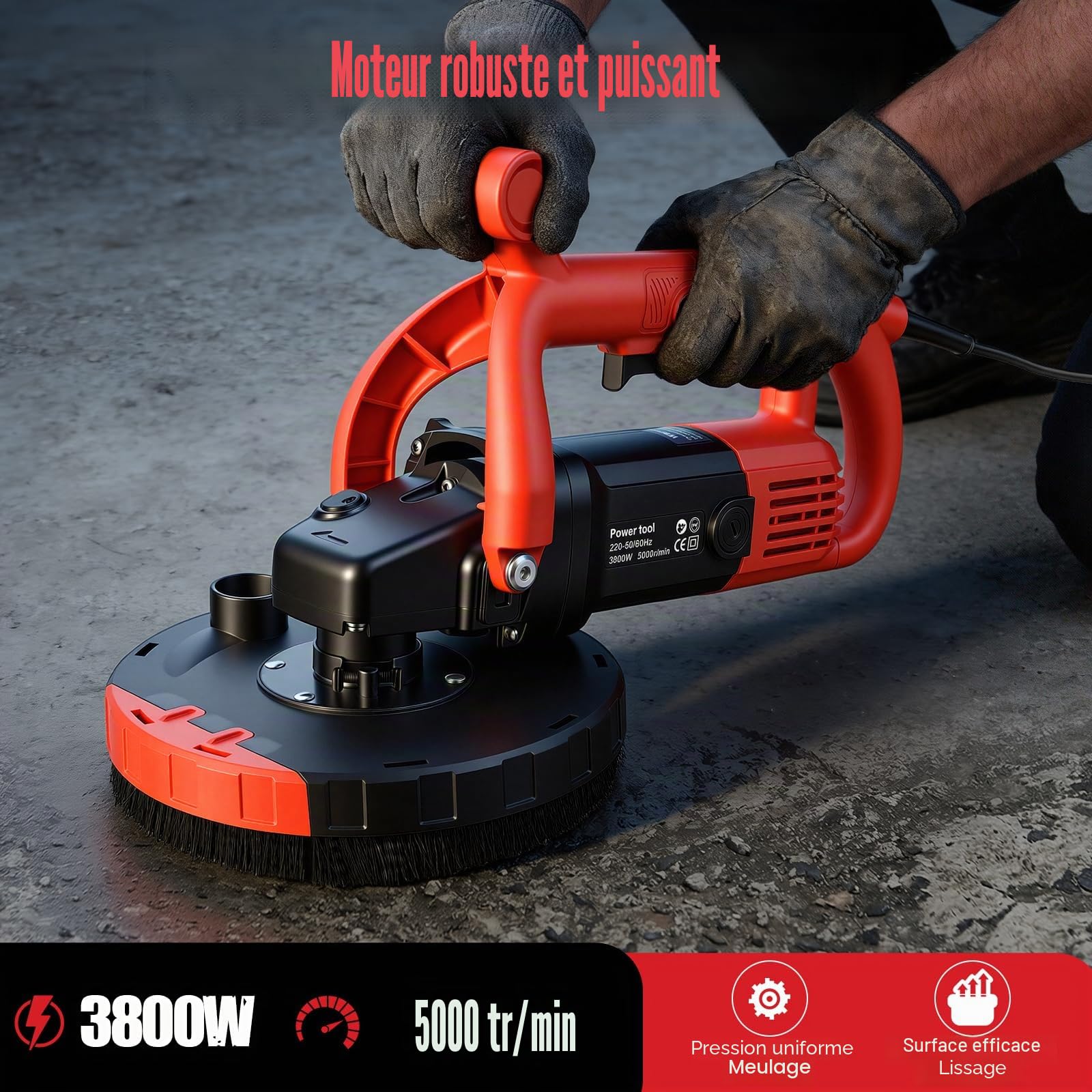 Broyeur à Béton 3800W, 6 Vitesses Broyeure de Fraisage avec Meule Diamant 180mm, 5000 RPM Broyeur de Sol pour Enlèvement Colle Carrelage Peinture, Outil Rénovation Mur