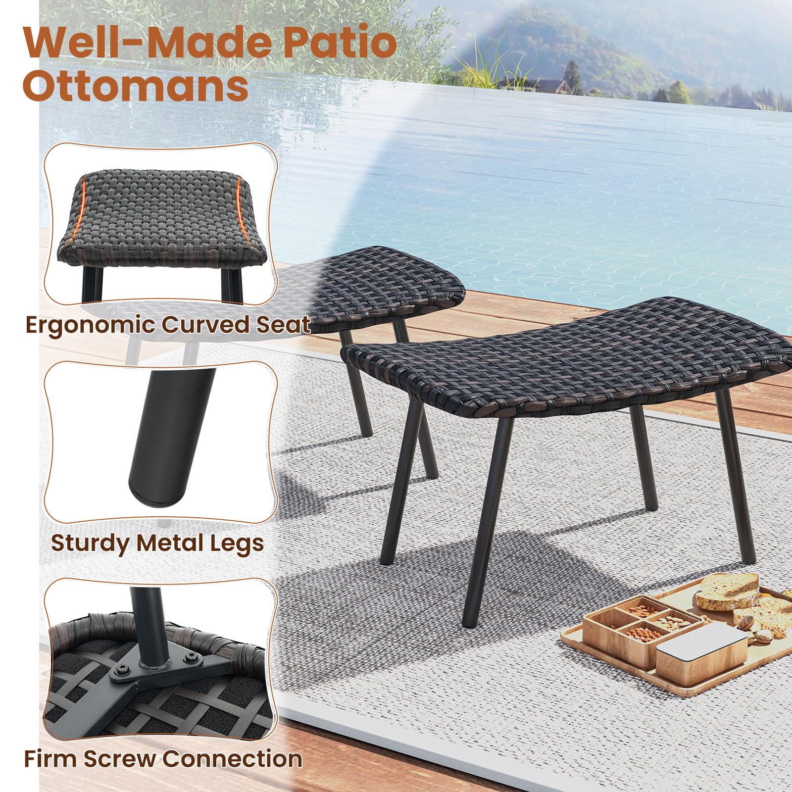 LIFEZEAL Lot 2 Tabourets de Jardin en Rotin PE, Repose Pied pour Salon de Terrasse, Pouf Rembourré en Mousse à Séchage Rapide, Cadre en Métal, Charge 150 kg, Ottomane Extérieur 69x41x38 cm