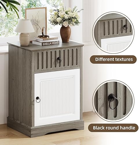 Miniatura 5 de Mesita de noche, mesa auxiliar, mesita de noche de granja con estante y puerta, mesa auxiliar rústica con cajón de almacenamiento, mesita de noche