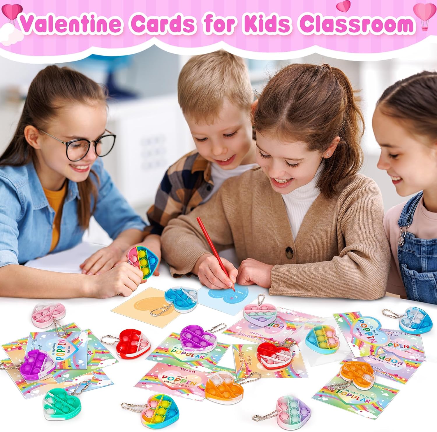 Valentines Day Cards for Kids School, 32 Pack Heart Shape Pop Fidget Toys with 8 Designs Valentines Cards, Ideal Exchange Prizes & Party Favors for Boys & Girls Classroom