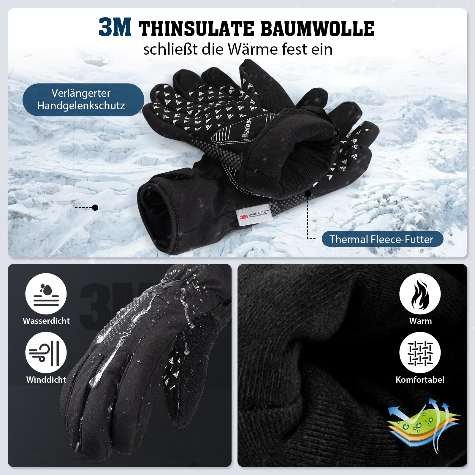 HIKENTURE Guanti invernali [con 3M Thinsulate Insulation] – caldi guanti da ciclismo da uomo e da donna – impermeabili touch screen guanti da ciclismo invernali – guanti invernali da bicicletta