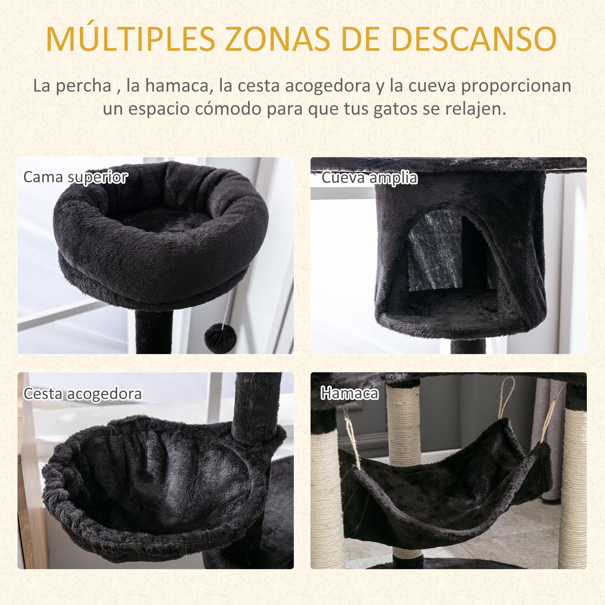 PawHut Árbol Rascador para Gatos Grande Torre 65x50x153 cm Gris Oscuro | Torre para Gatos, Centro de Actividades, Múltiples Plataforma, Poste, Hamaca, Bolas de Juguete, Cueva