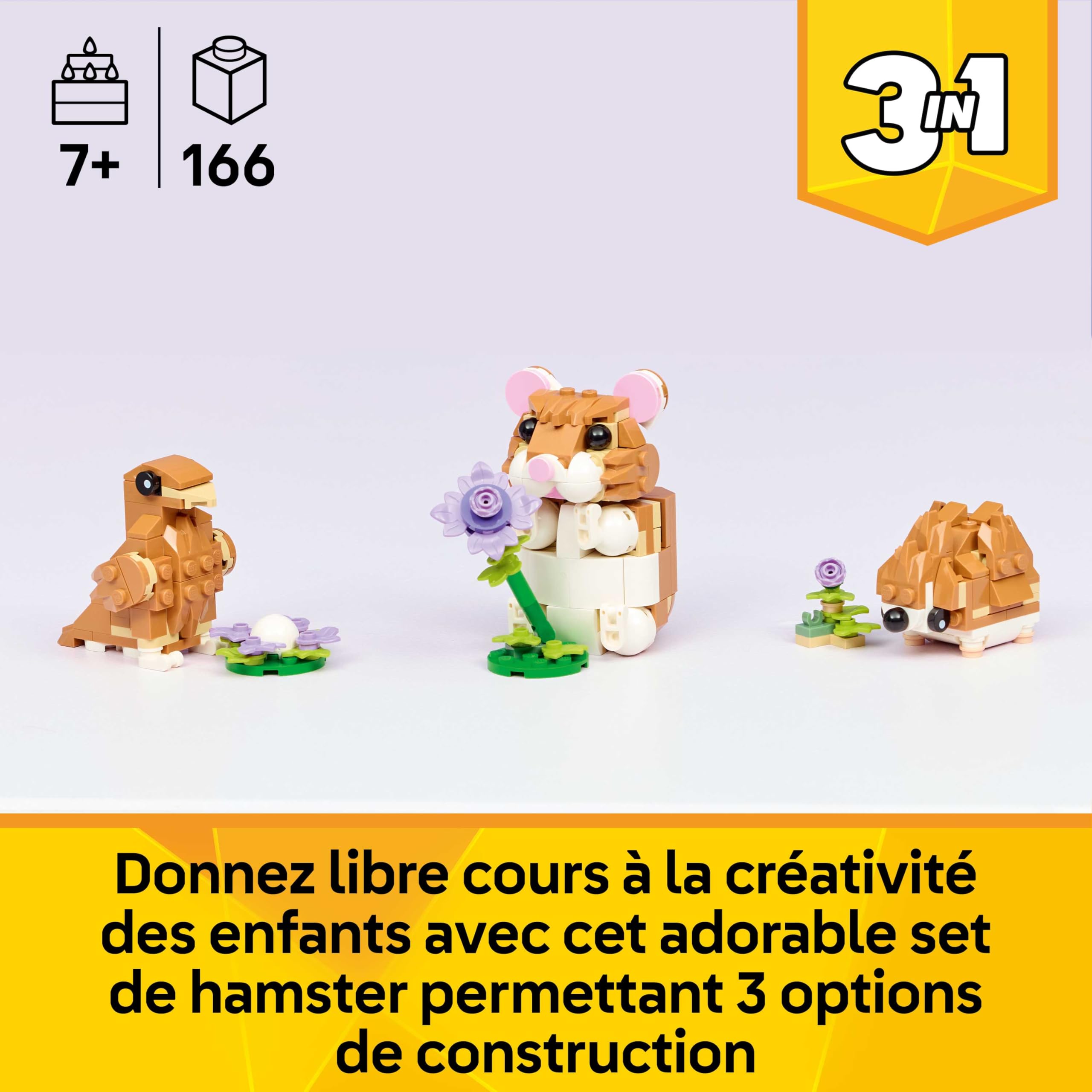 LEGO Creator 3-en-1 L’Adorable Hamster et la Fleur - Figurine d'animal se Transformant en Aigle ou Hérisson - Idée de Décoration Intérieure DIY - Cadeau d'anniversaire Fille ou Garçon dès 7 Ans 31376