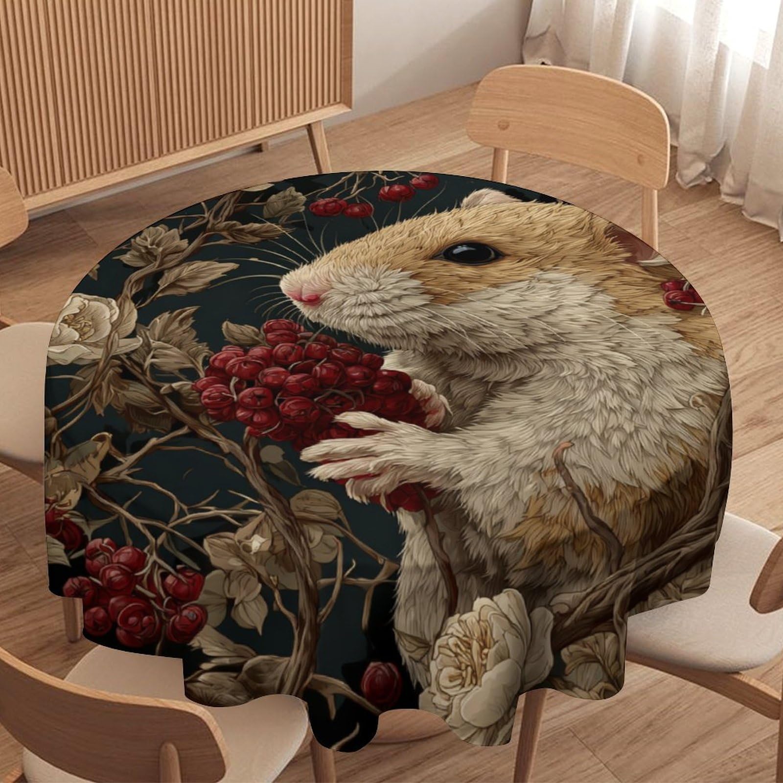 Luyysky Retro Watercolor Hamster Waterproof Round Tablecloth Beautiful Realistic William Morris Plants Fruit Berry Animals Hamster Washable Table Cover For Kitchen-152.4" Wx152.4 L Cm