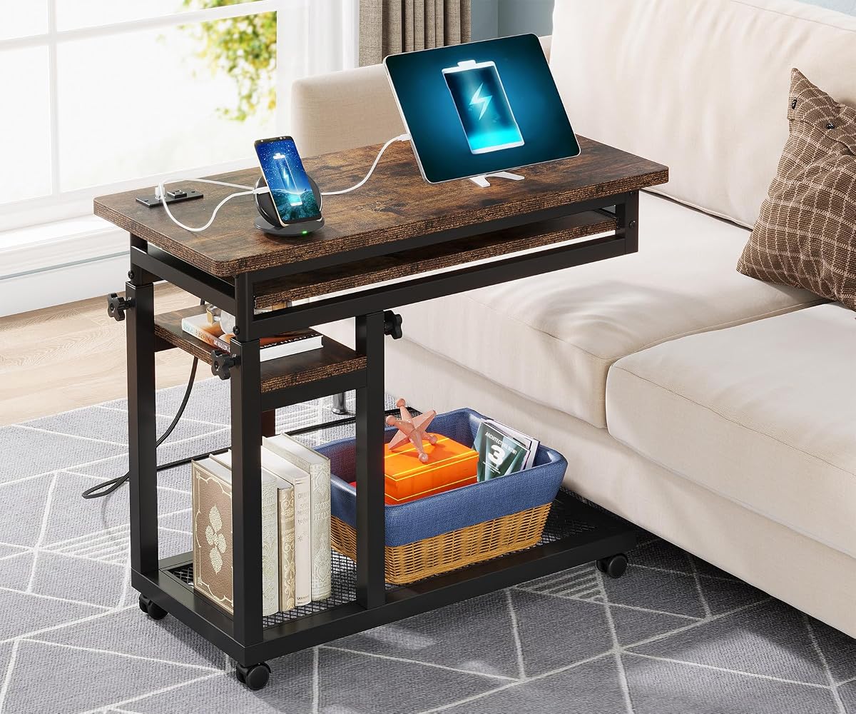 Small Portable Desk with Power Outlet, Height Adjustable Sofa Couch Bedside Laptop Table with Wheels, Mobile Standing Desk Rolling Computer Cart C Side Table with USB Ports