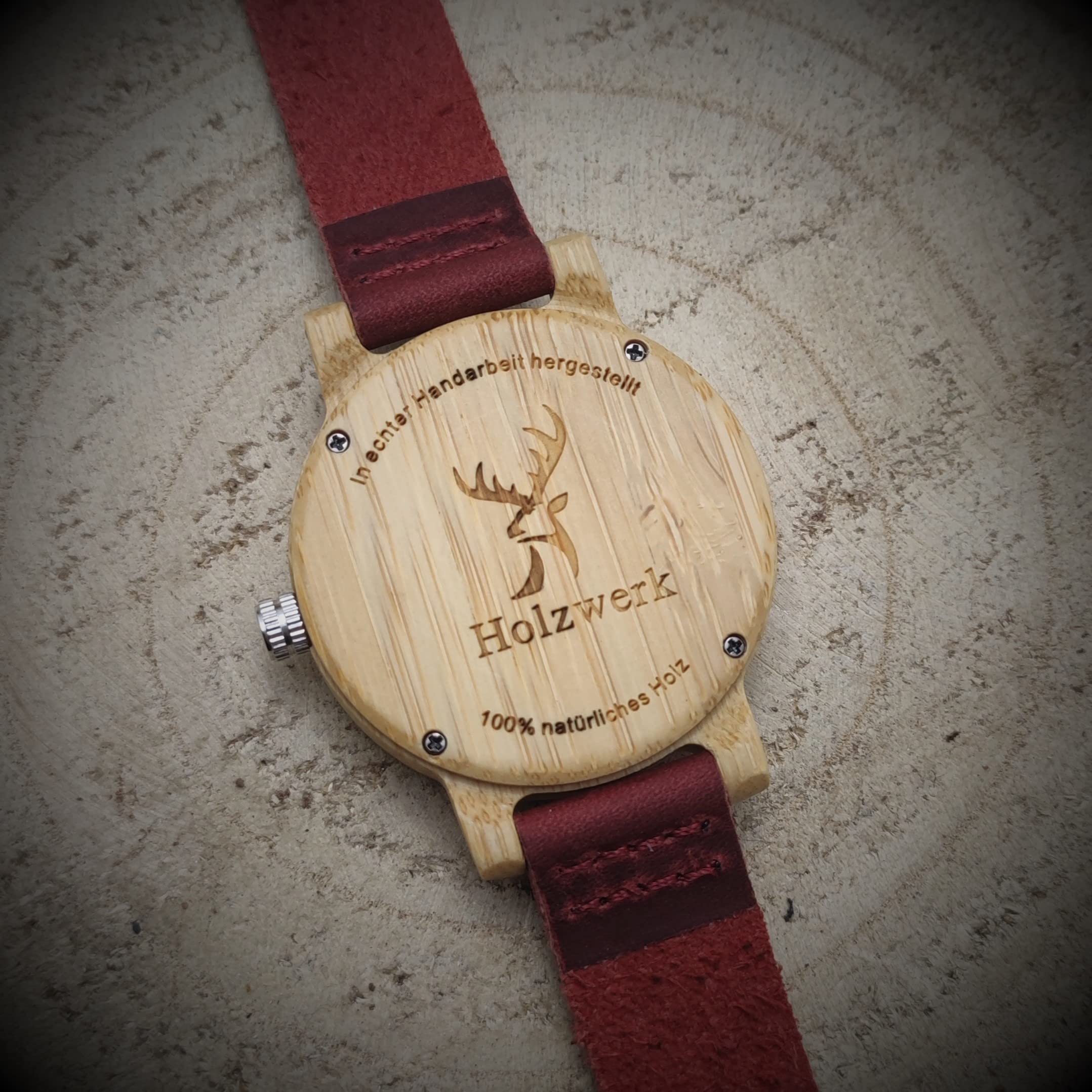 Holzwerk Germany® Mädchen-Uhr Kinder-Uhr Jungen-Uhr Öko Natur Holz-Uhr Lern-Uhr Leder Armband-Uhr Analog Klassisch Quarz-Uhr in Rot Braun Weiß Bunt