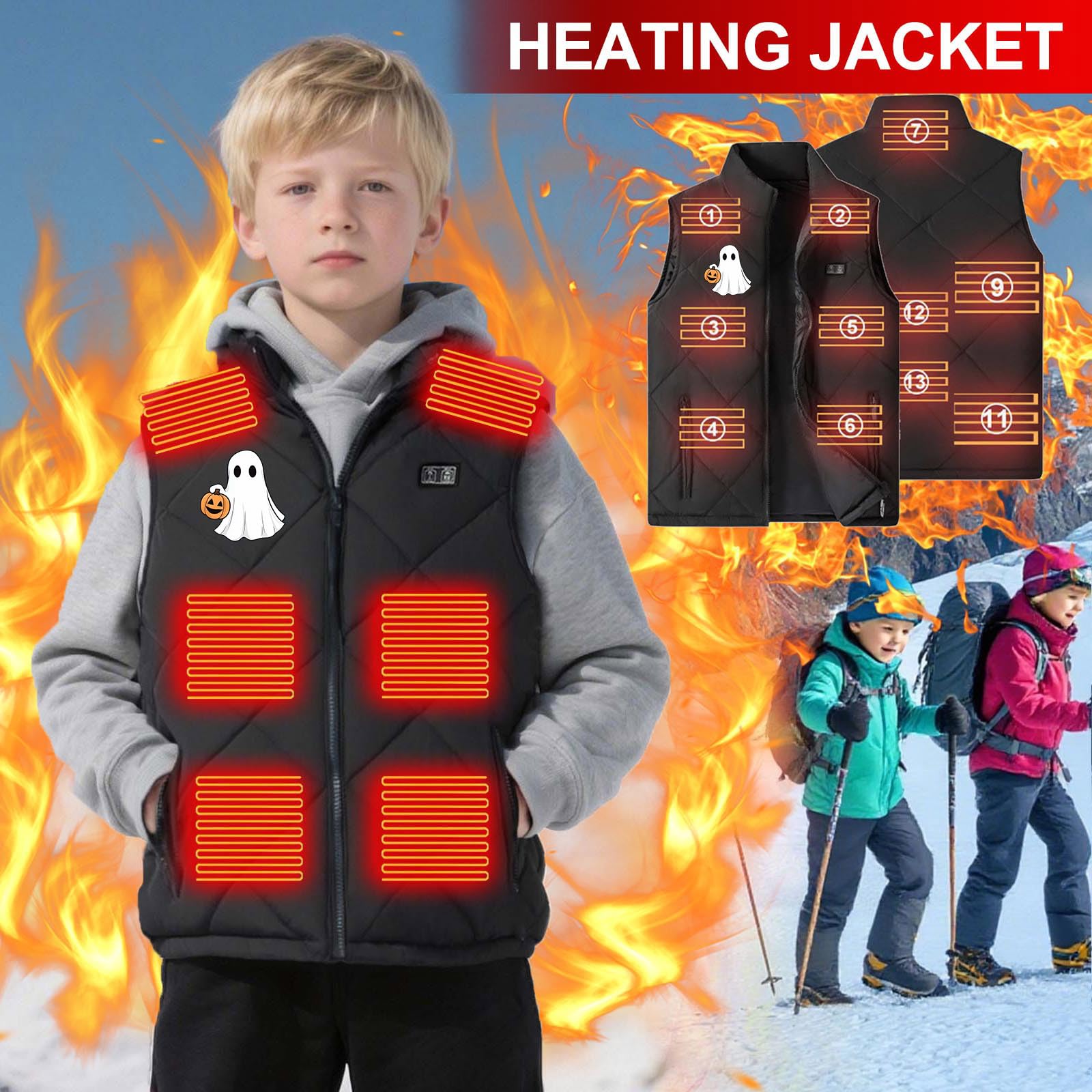 Gilet Riscaldata Invernale Bambini Senza Maniche Cappotto con 13 Zone Riscaldanti Giacca Elettrico USB Abbigliamento Riscaldante Intelligente Gilet per Ragazzi Ragazze Giubbotto Caldo Giacche
