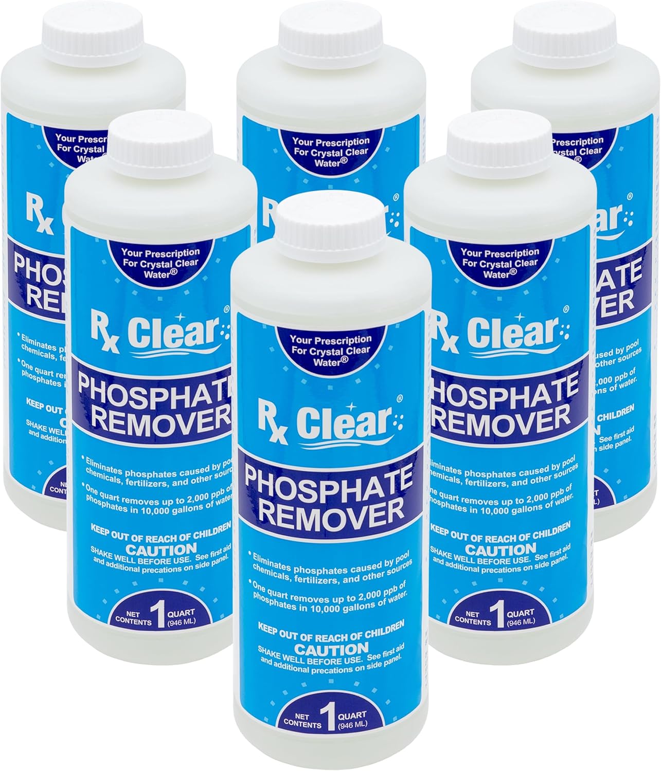 Rx Clear Phosphate Remover | Eliminates Phosphates Caused by Swimming Pool or Spa Chemicals, Fertilizers, and Other Sources | One Quart Bottles | 6 Pack