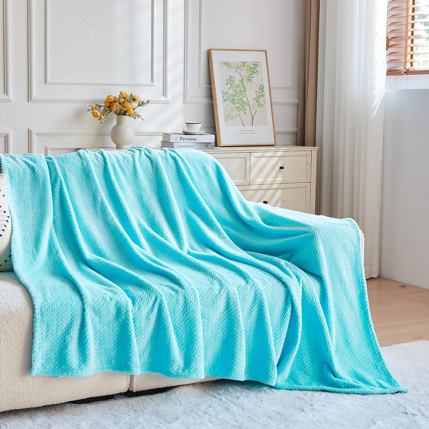 NEWCOSPLAY Super Soft Throw Blanket Turquoise Premium Silky Flannel Fleece Leaves Pattern Lightweight Bed Blanket All Season Use (Turquoise, Throw(50"x60")) - Image 7