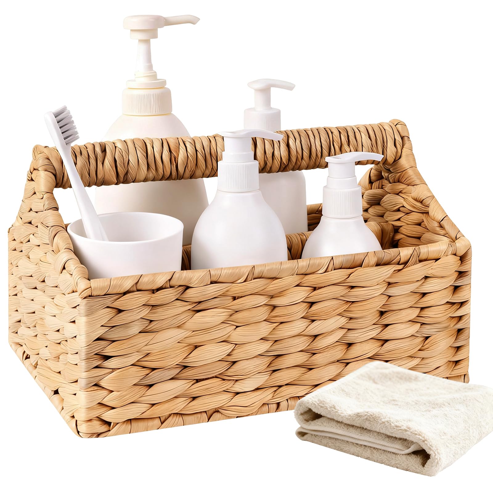 ZUNKNOD Portable Shower Caddy with Handle Rattan Woven Cleaning Caddy Organizer Water Hyacinth Wicker Shower Basket for Bathroom