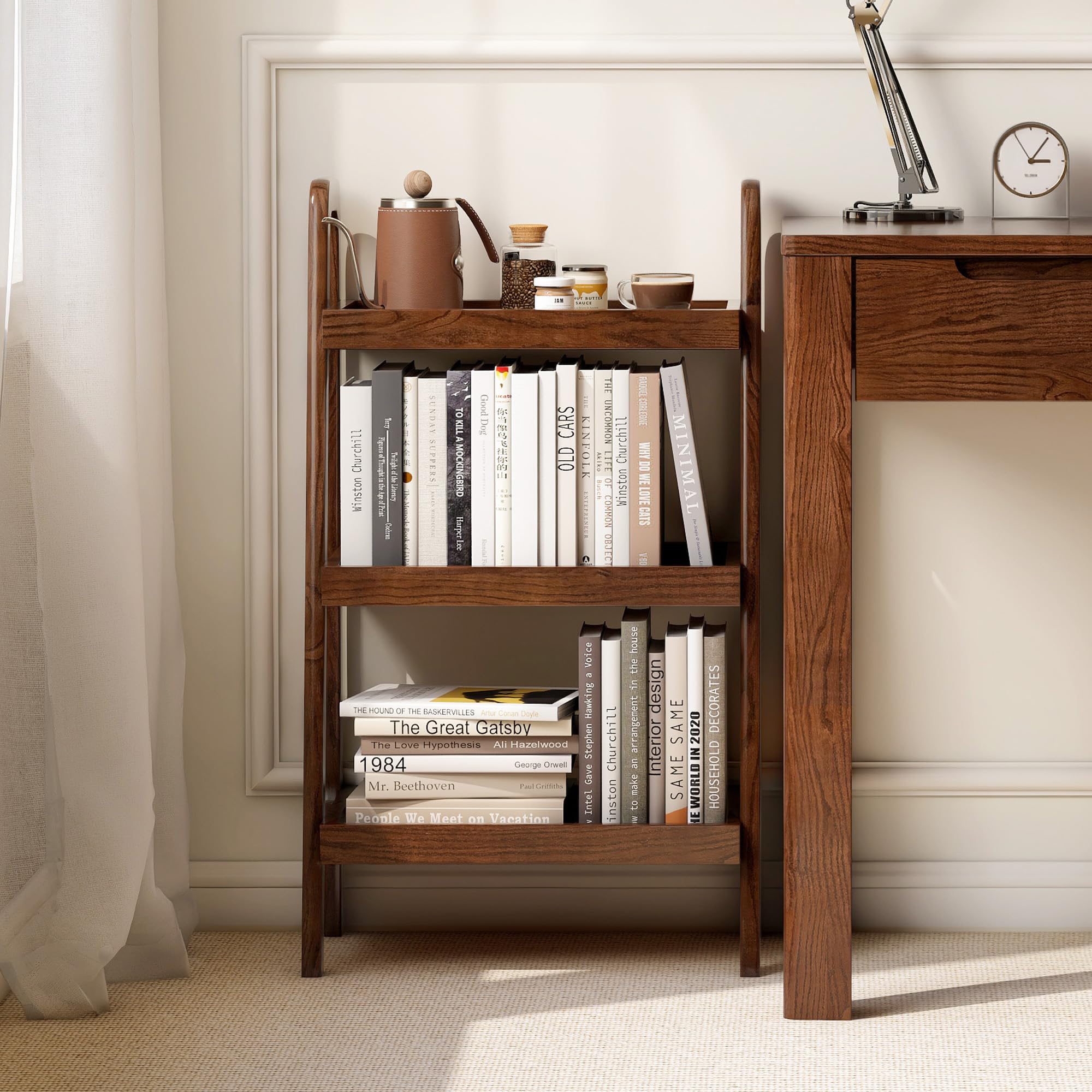 YESWOOD Leiterregal Massivholz Eiche, Bücherregal 3 Ebenen, Standregal Holz, Beistelltisch Sofa, Regal für Wohnzimmer Schlafzimmer Büro, 45 x 32 x 80 cm, Walnussfarbe