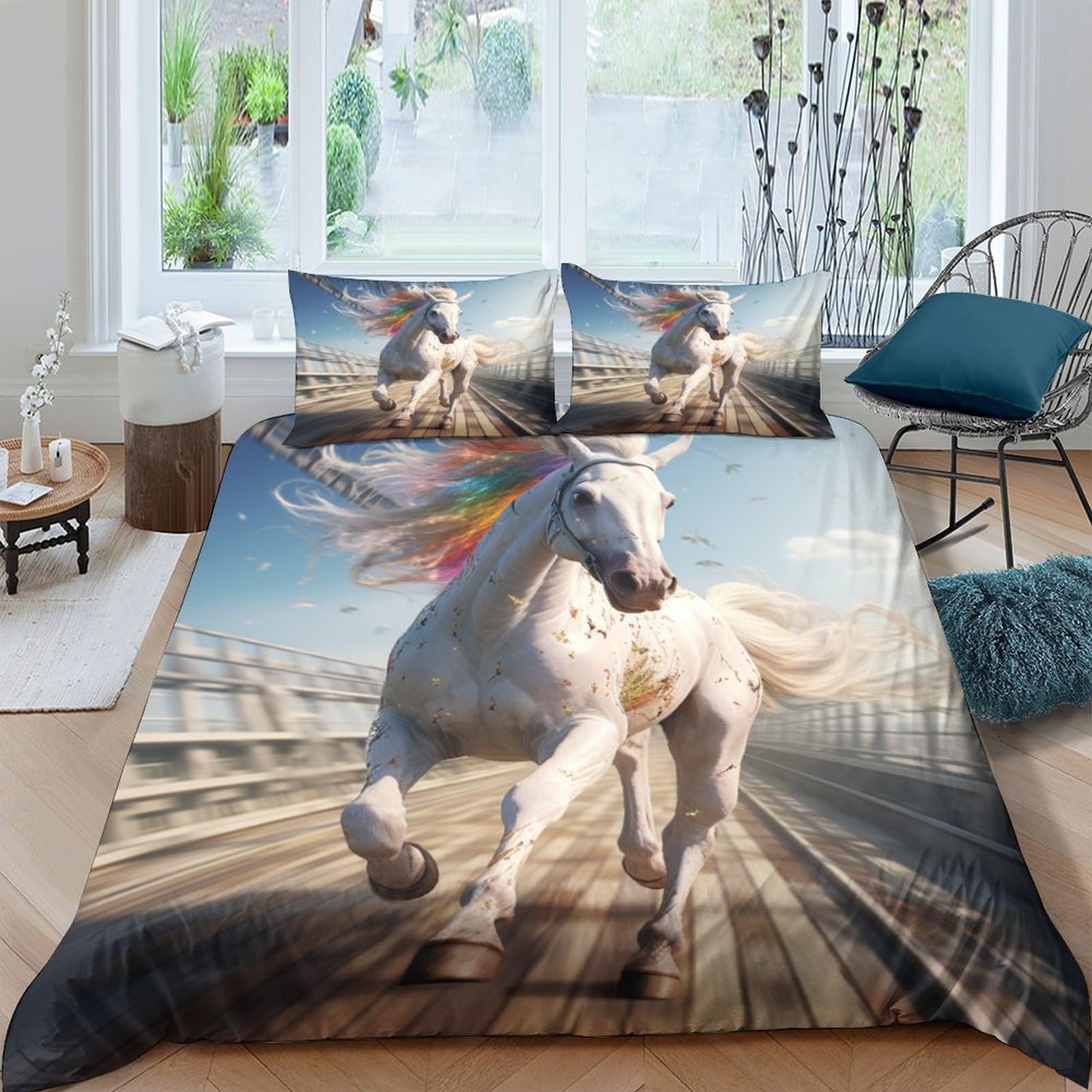 Housse de couette cheval blanc galop 3D lit king en microfibre avec taies d'oreiller