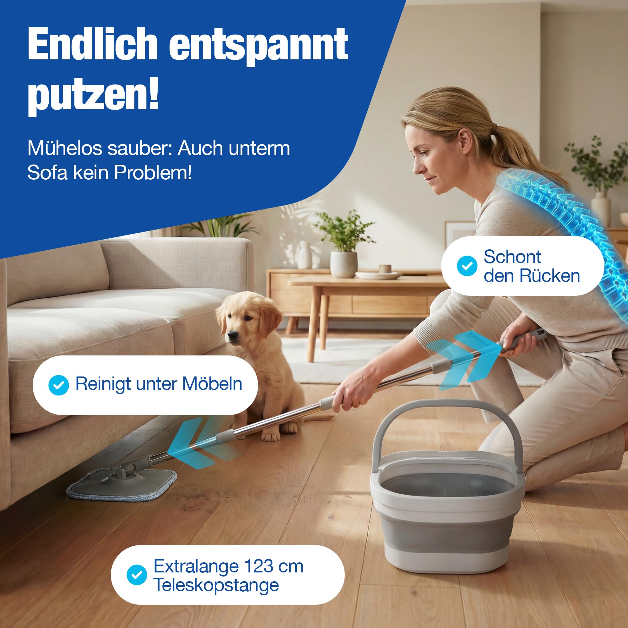 NTG Wischmopp Set mit Eimer – Mop Set mit Mikrofaser-Bodenwischer & Rotationsfunktion – platzsparendes Reinigungssystem inkl. Ersatz-Wischpads für Laminat, Fliesen & alle Bodenarten