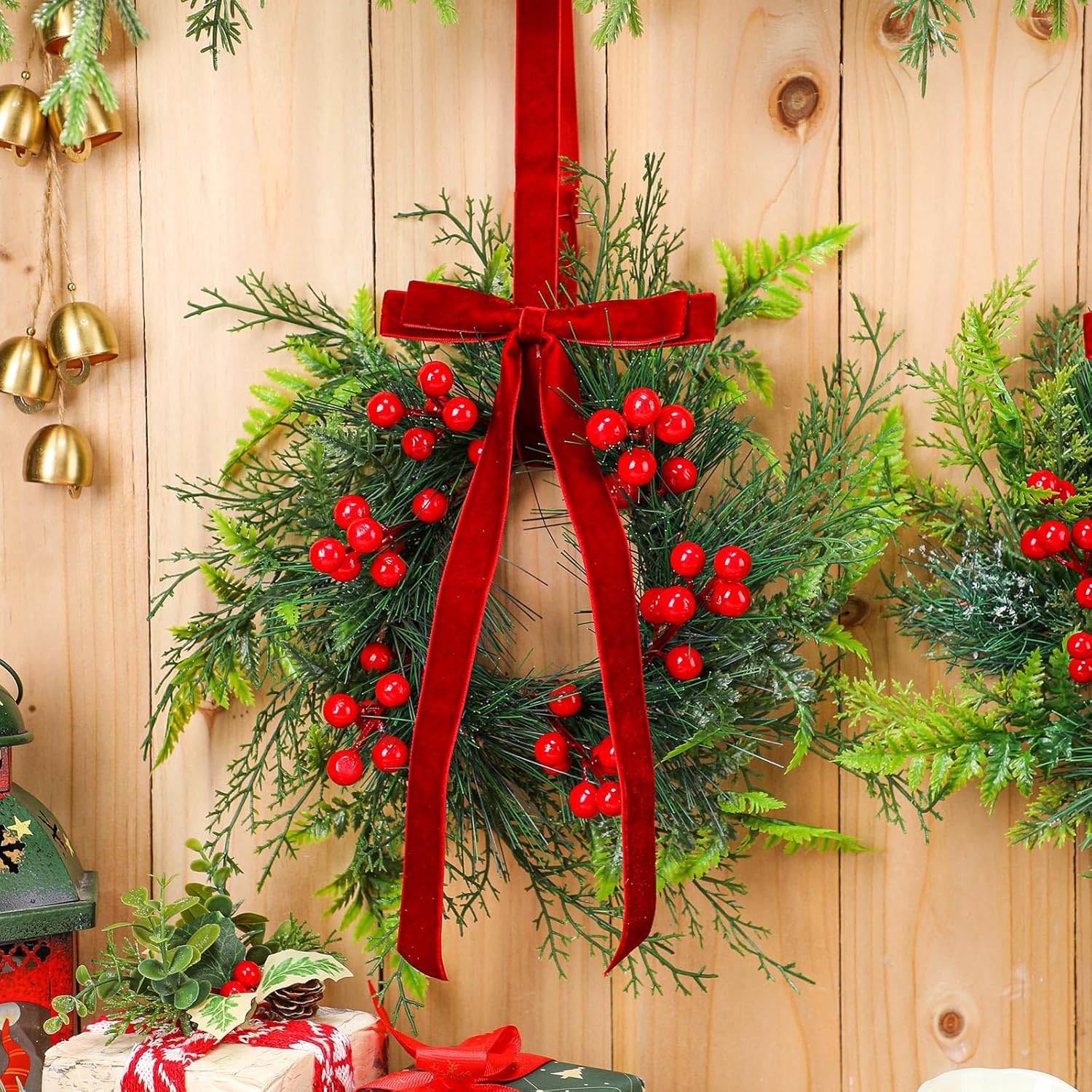 4 Pcs 11 Inch Mini Christmas Cabinet Wreath for Kitchen Christmas Berry Hanging Cabinet Wreath Decor with Red Bow Artificial Pine Candle Ring for Xmas Door Fireplaces Table Centerpiece