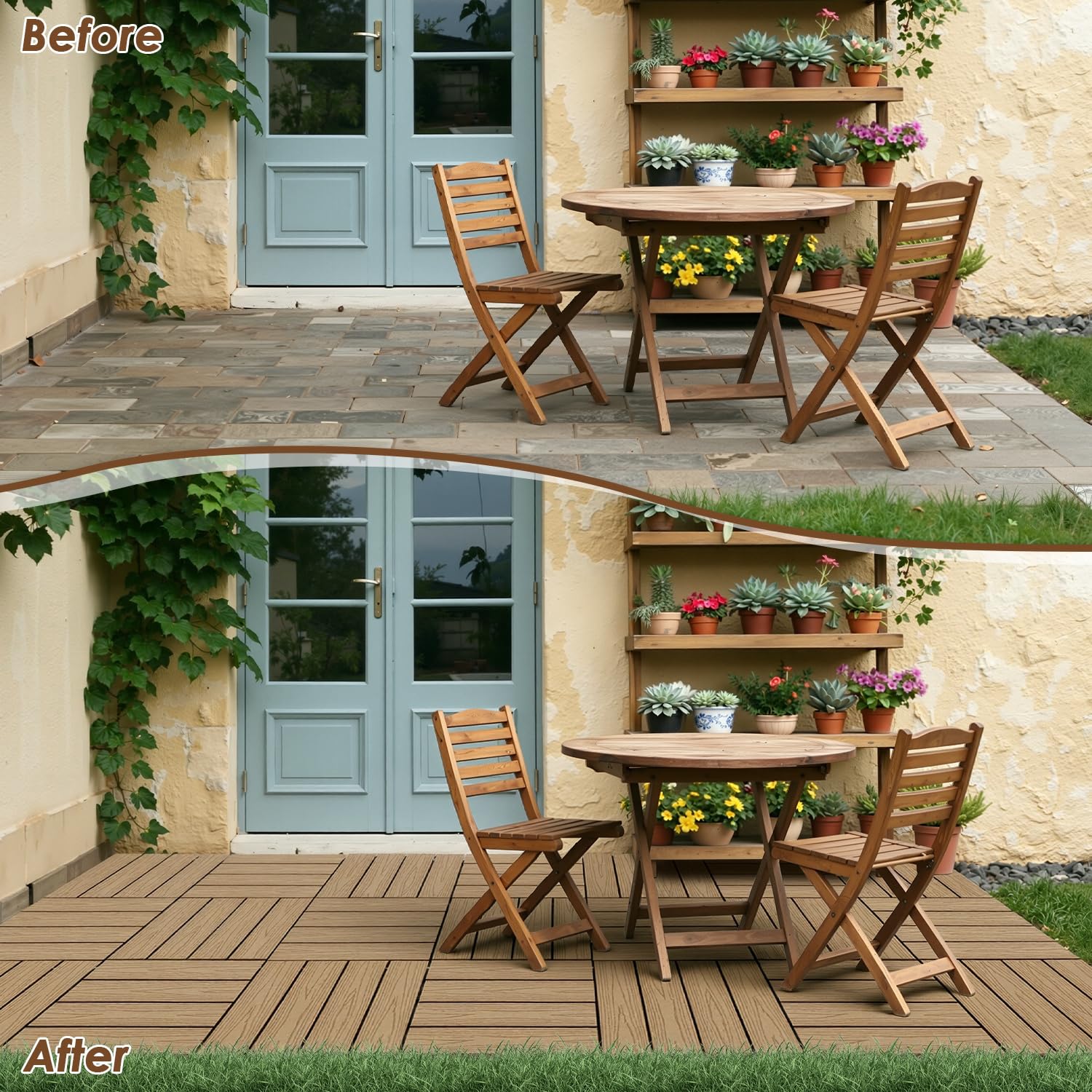 Lot de 110 dalles de terrasse WPC aspect bois WPC 30 x 30 cm = 10 m² - Avec système à clic et drainage - Imperméables et antidérapants - Teck