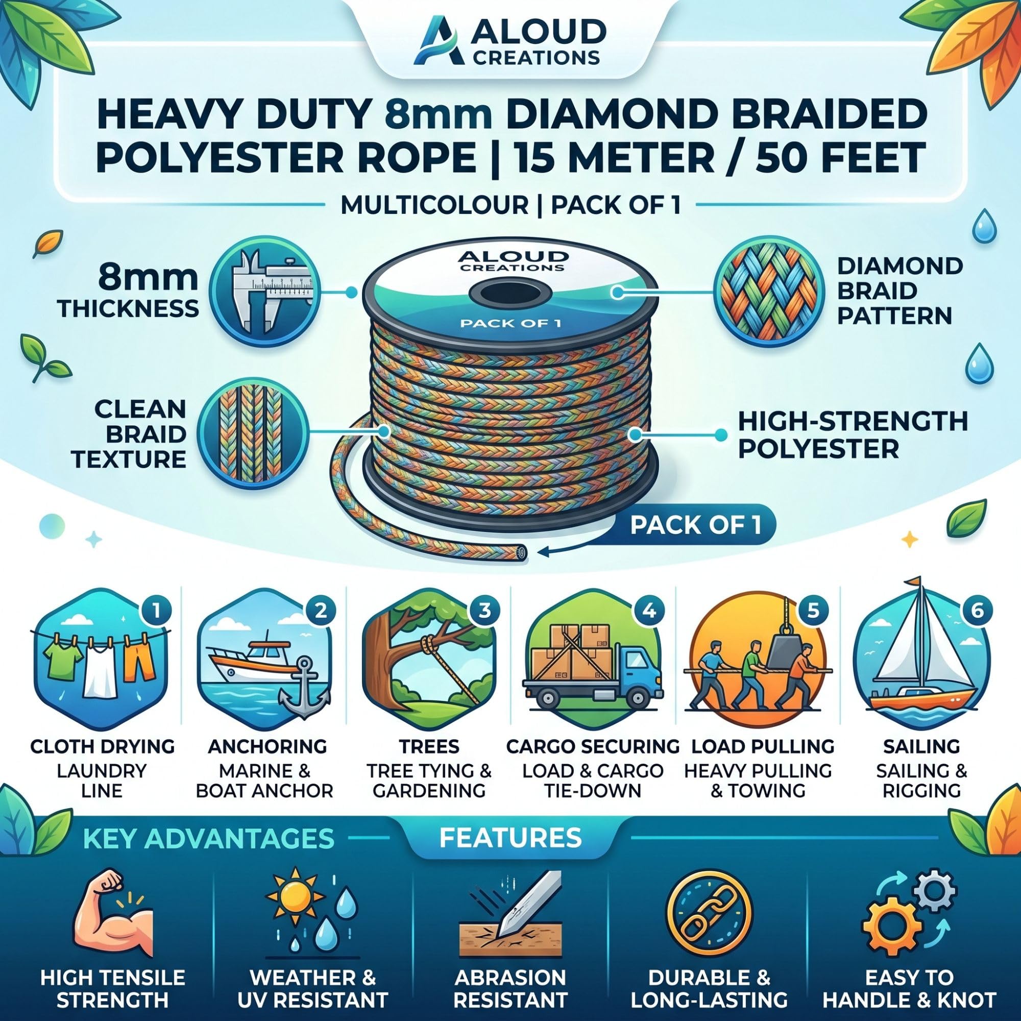 ALOUD CREATIONS 8mm Thick Diamond Braided Polyester Rope, 15 Meter/ 50 feet | Heavy Duty Rope for Cloth Drying, Anchor, Trees, Cargo, Load Pulling, Sailing | Multicolour, Pack of 1 3