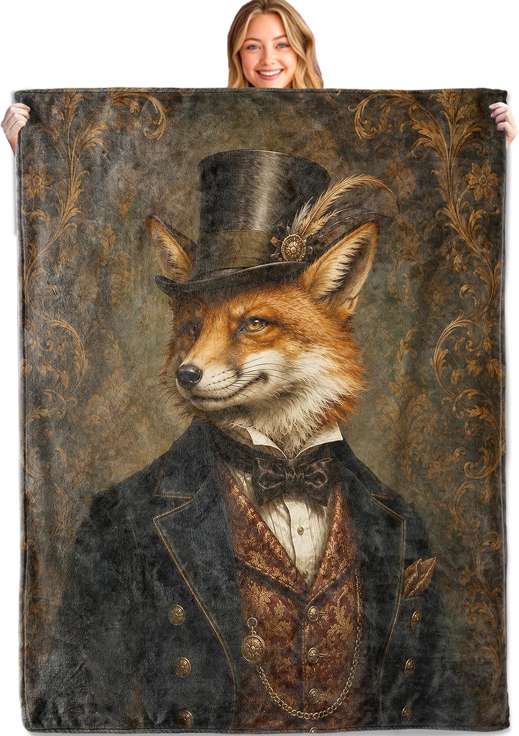 Fox Blanket Soft Lightweight, Victorian Gentleman Animal Portrait Flannel Throw Blankets for Couch Sofa Camping Office Travel Home Bedroom Decor, Fox Lovers Men Gifts 50"X60"