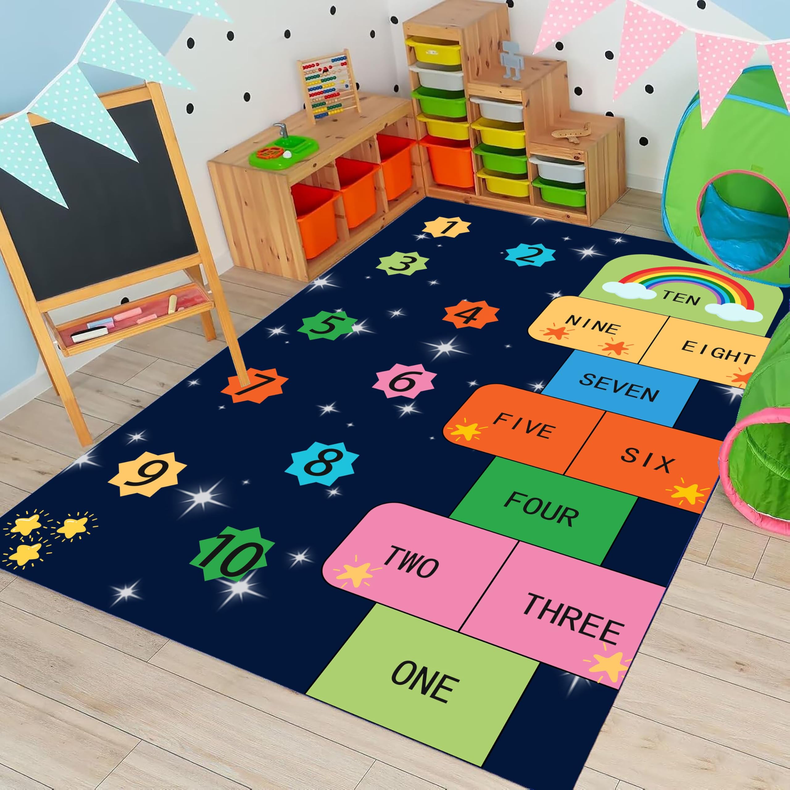 USHIRUG Kids Playroom Rug, 100x150cm Starry Sky Hopscotch Educational Rugs for Learning Letters Numbers, Washable Multi-Colored Learning Mat, Non-Slip Play Carpet for Kindergartens, Bedrooms Daycares