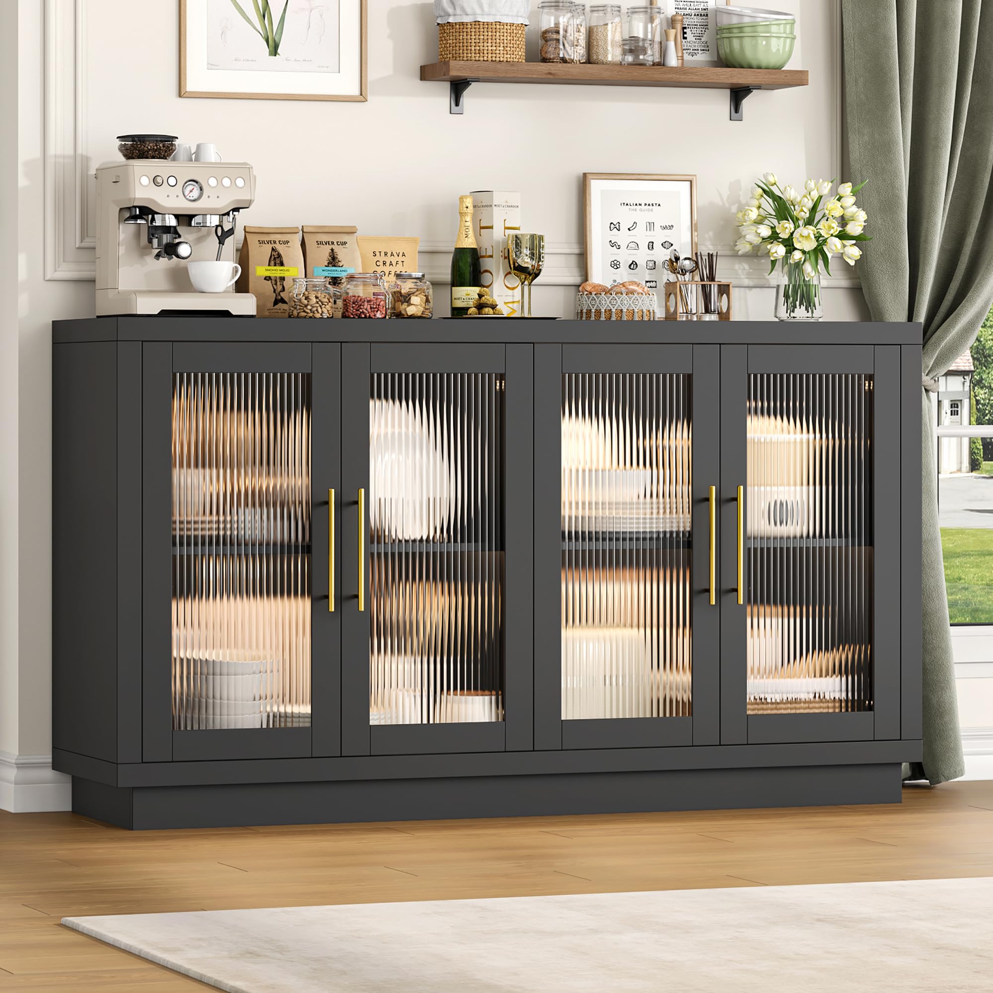 FOTOSOK Buffet Cabinet with Storage, 55.1" Large Sideboard Buffet Table, Modern Sideboard Kitchen Cabinet with 4 Fluted Glass Doors, Wood Coffee Bar for Kitchen, Black