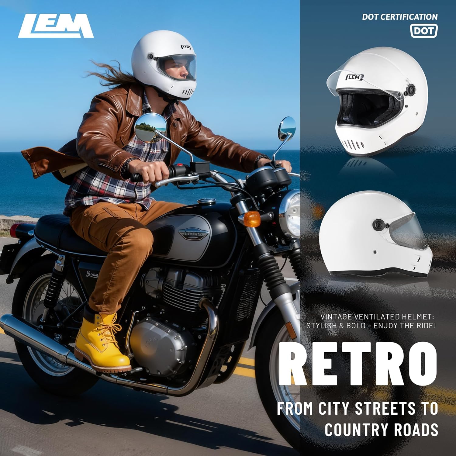 LEM Motorcycle Helmet Full Face for Men and Women, Retro Vintage Classic Open Face Style, Lightweight Fiberglass Shell, DOT Certified, for Cruiser, Cafe Racer, Scooter, Commuter (White, Size XL) Kick