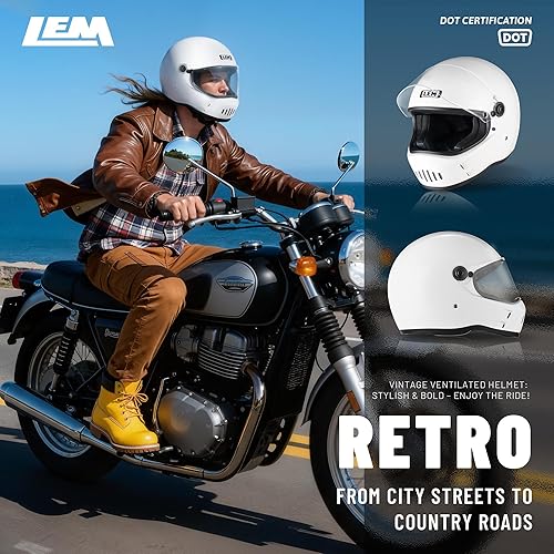 Miniatura 5 de LEM Cascos de motocicleta de cara completa, certificado por DOT, casco de motocicleta retro para adultos, casco vintage, carcasa ligera de fibra de
