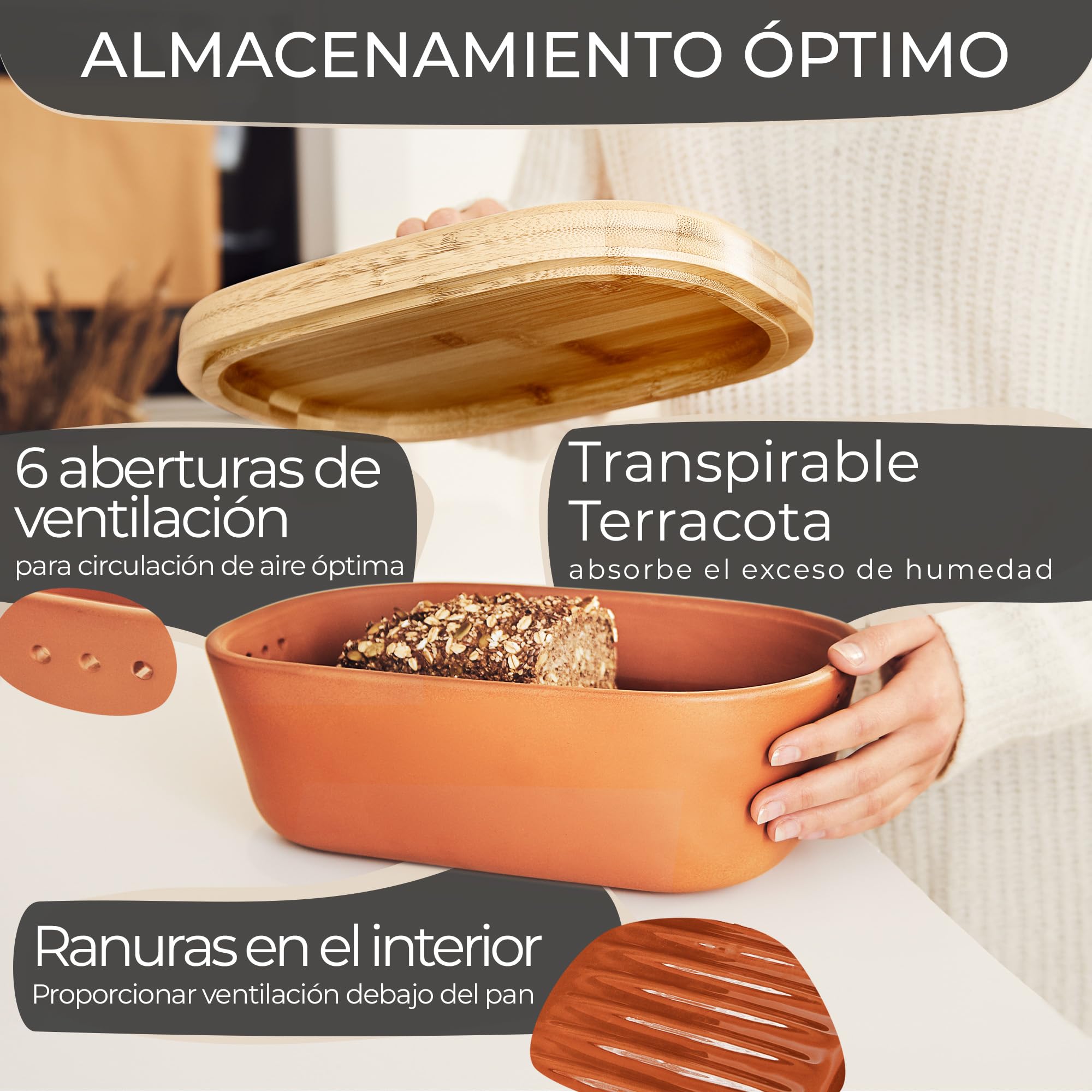 Steinzeit Panera diseño - Bread Box de barro transpirable - Caja de pan de cerámica con elegante tapa de bambú - Panera para un almacenamiento que ahorra espacio