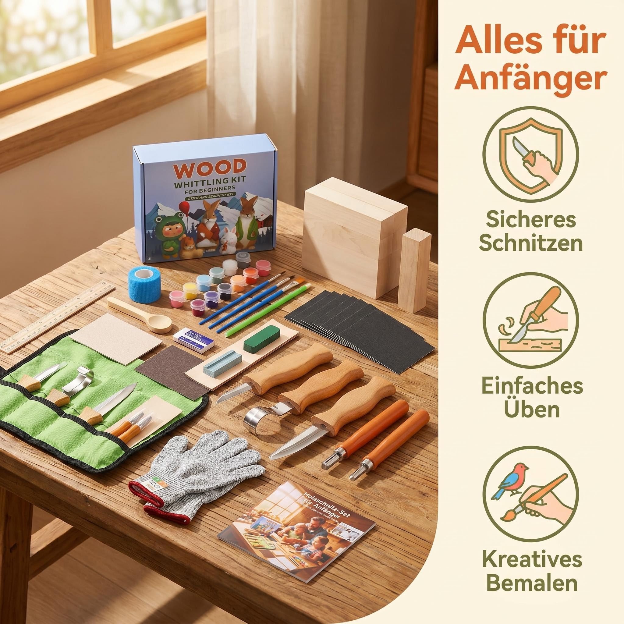 29-Teiliges Schnitzset Kinder ab 8 Jahre – Holzschnitzwerkzeug Set mit 5 Schnitzmessern | Komplettes Schnitzmesser Kinder ab 8 Set inkl. Schnittschutz Stufe 5, Holz, Malset & Geschenkbox