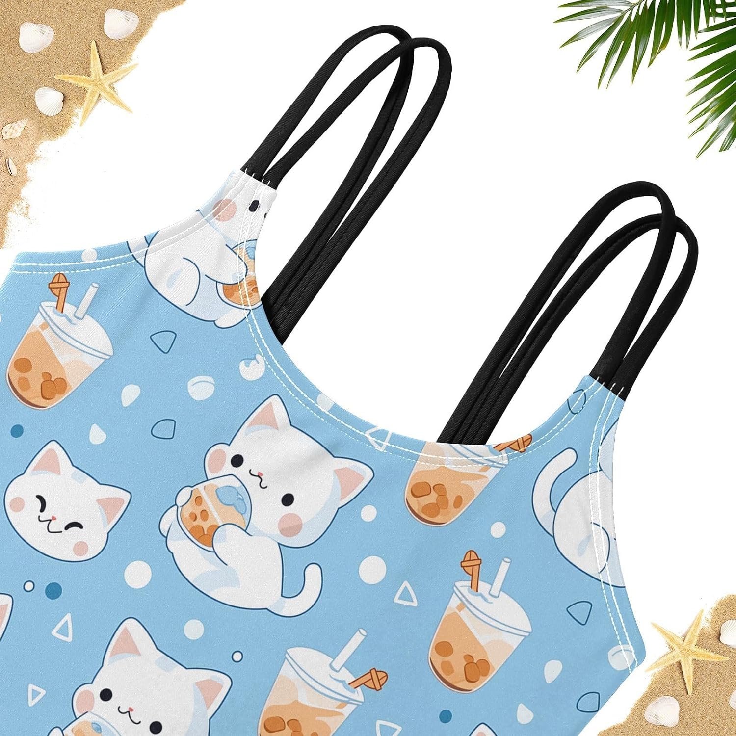 visesunny Girls Two Piece Swimsuits White Cat Milk Tea Girl's Bikini Sets Bathing Suits for Girls Size 5-12Y