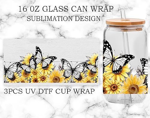 Miniatura 5 de Adhesivo de transferencia de vidrio UV DTF - 3 piezas de transferencia de mariposas y girasol, calcomanía impermeable para tazas de vidrio de 16 oz