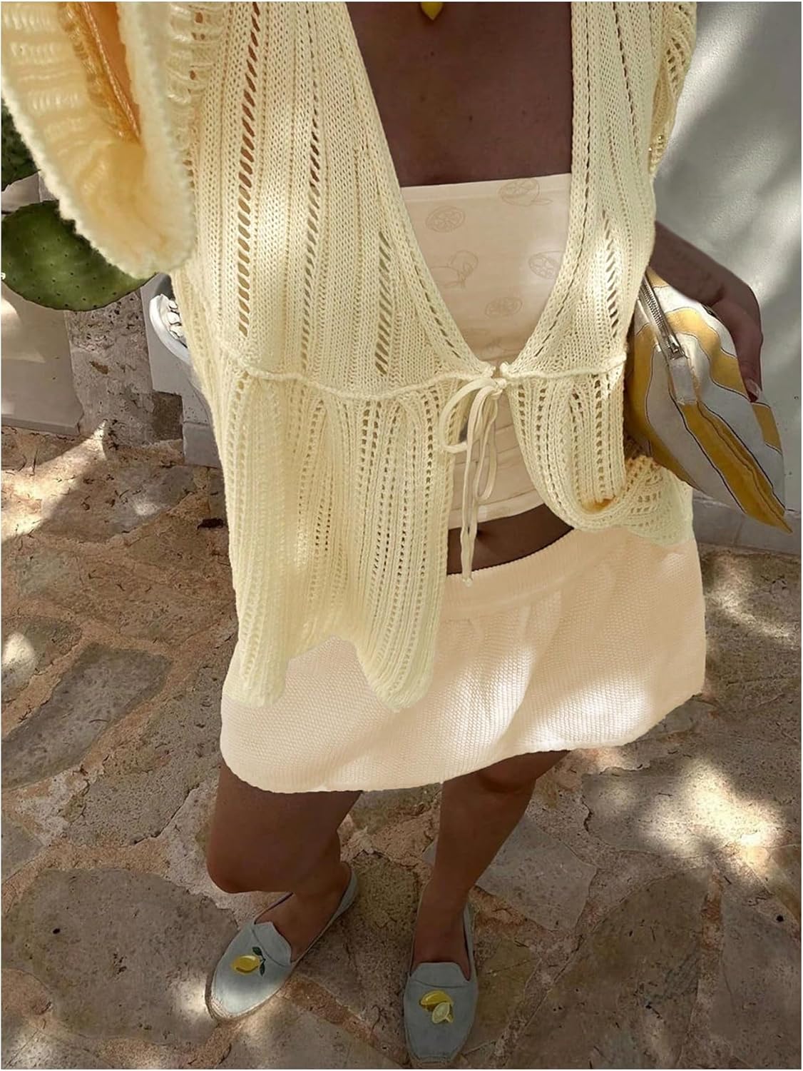 SOLY HUX Women's Crochet Knitted Cardigan Bow Tie Front Deep V Neck Half Sleeve Hollow Out Sweater Tops - Image 5