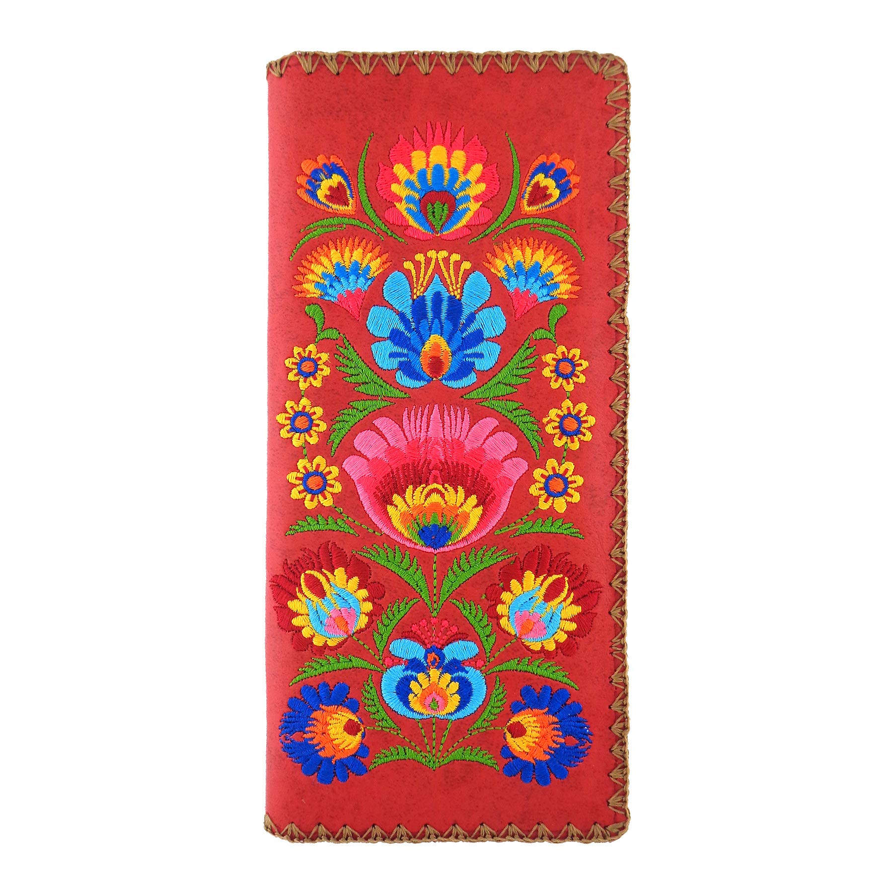 lavishyBohemiand Style Flora Pattern Embroidered Vegan Large Flat Wallet- (Red)